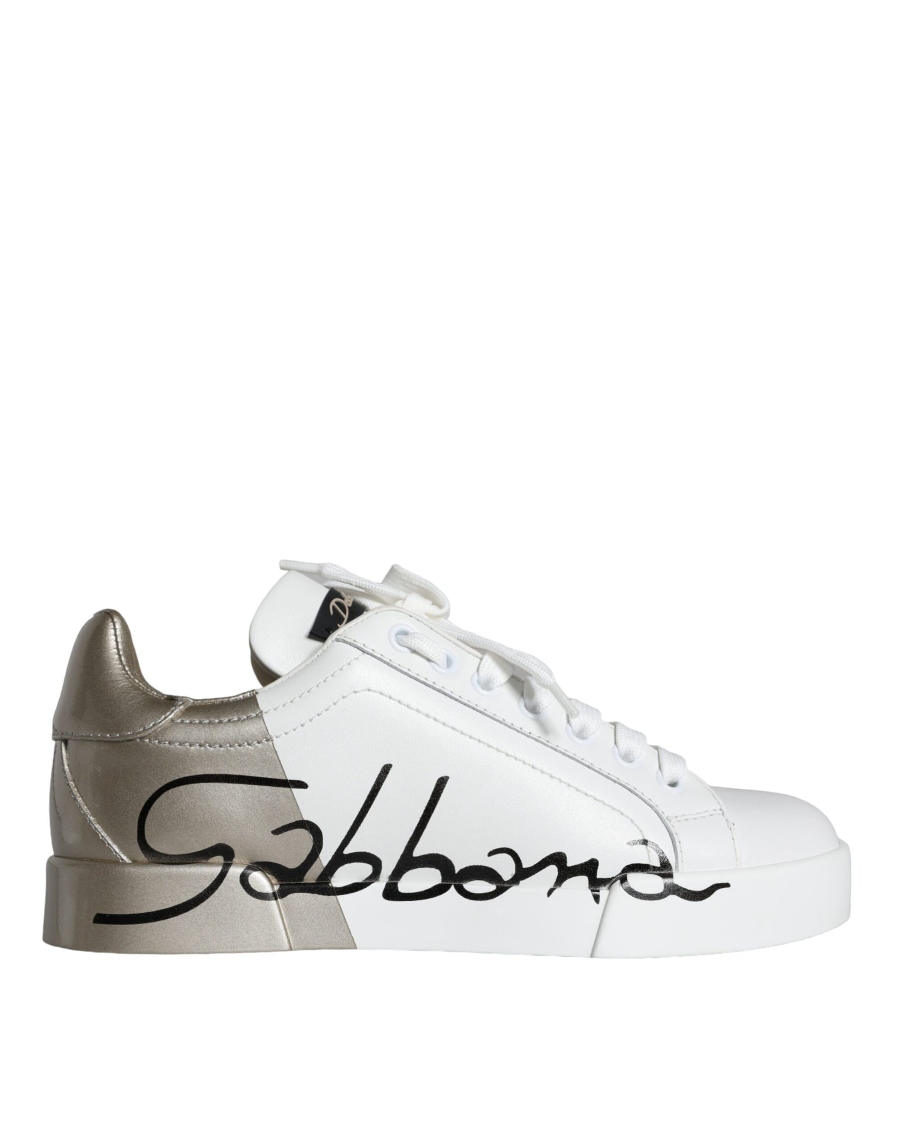 Dolce & Gabbana White Gold Portofino Low Top Leather Sneakers Shoes | Regal Royce