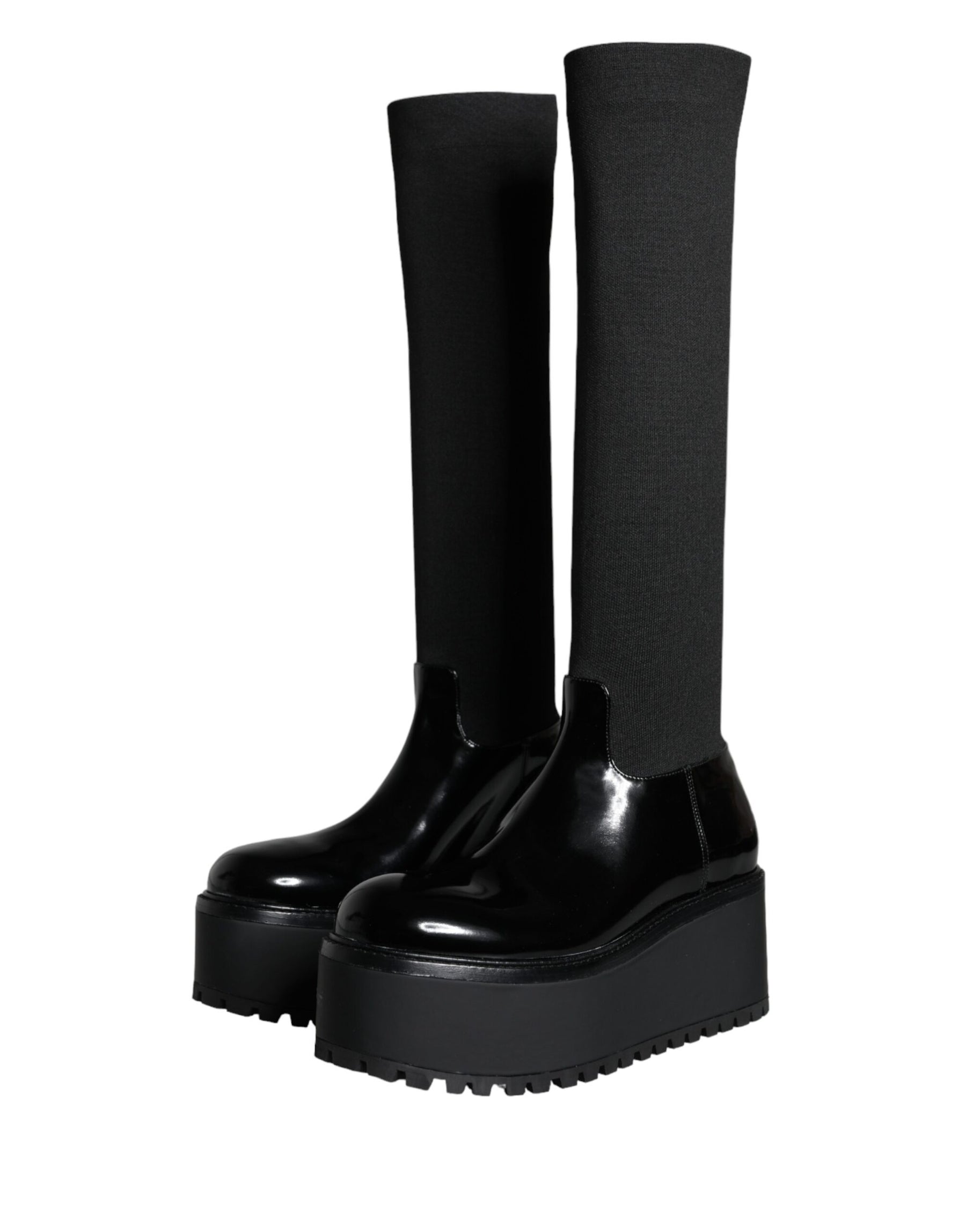 Dolce & Gabbana Black Leather Jersey Knee High Boots Shoes | Regal Royce