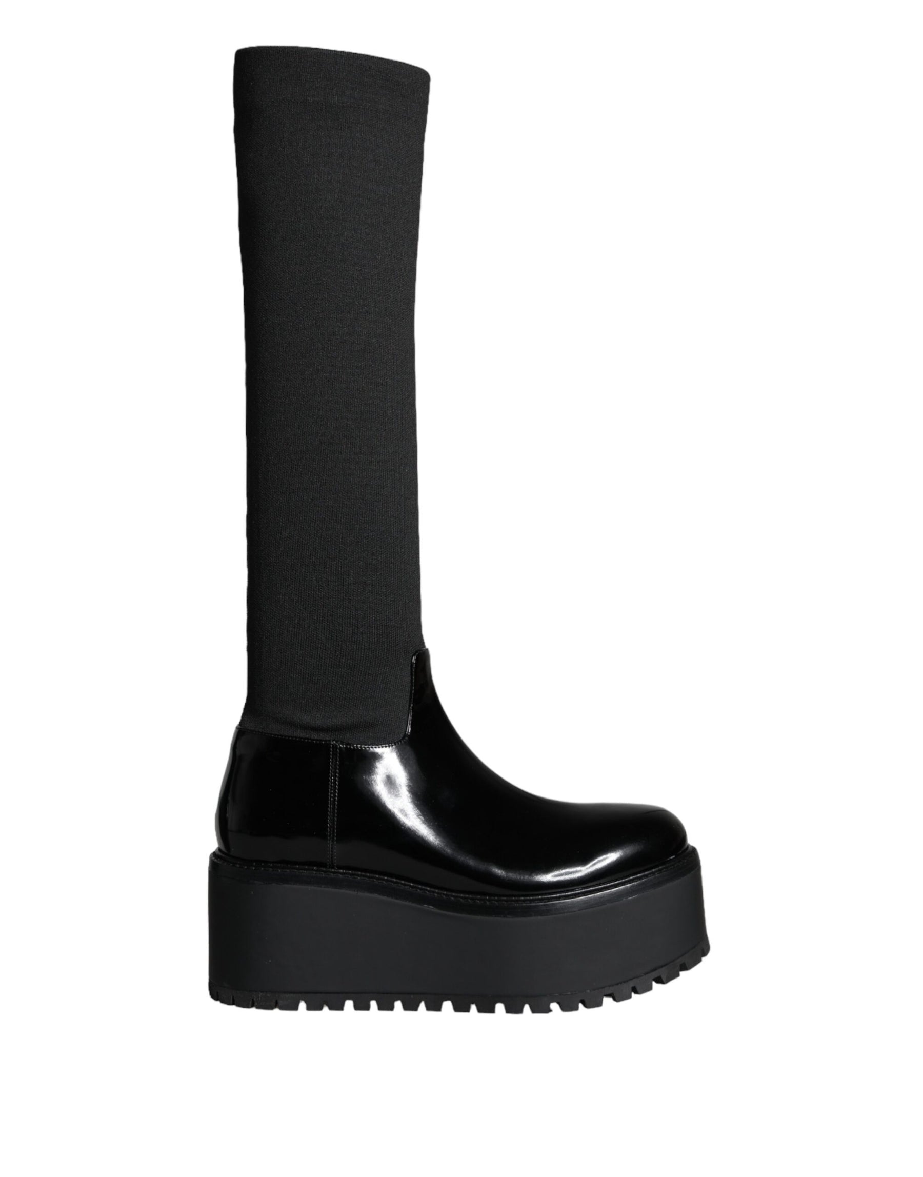 Dolce & Gabbana Black Leather Jersey Knee High Boots Shoes | Regal Royce