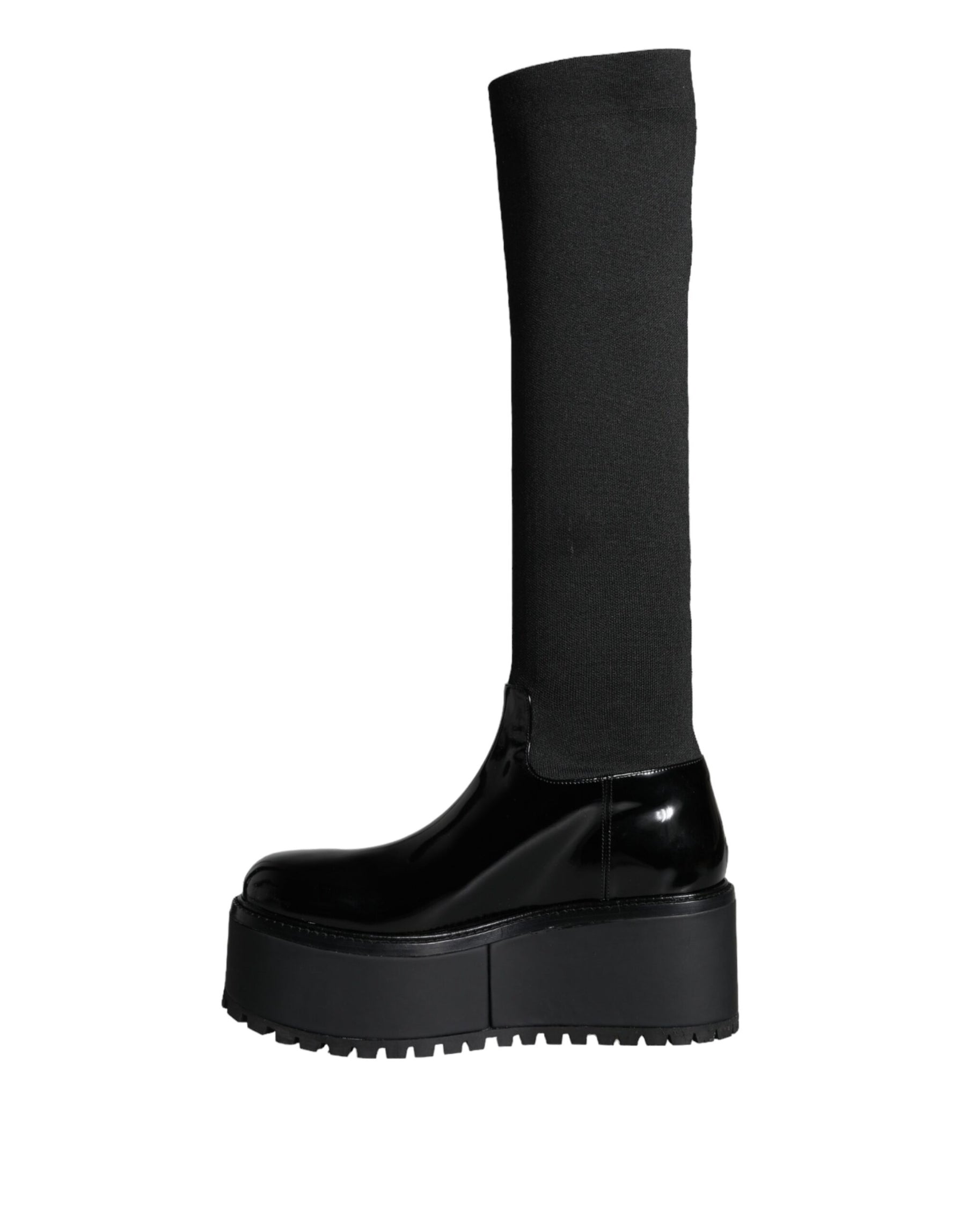 Dolce & Gabbana Black Leather Jersey Knee High Boots Shoes | Regal Royce