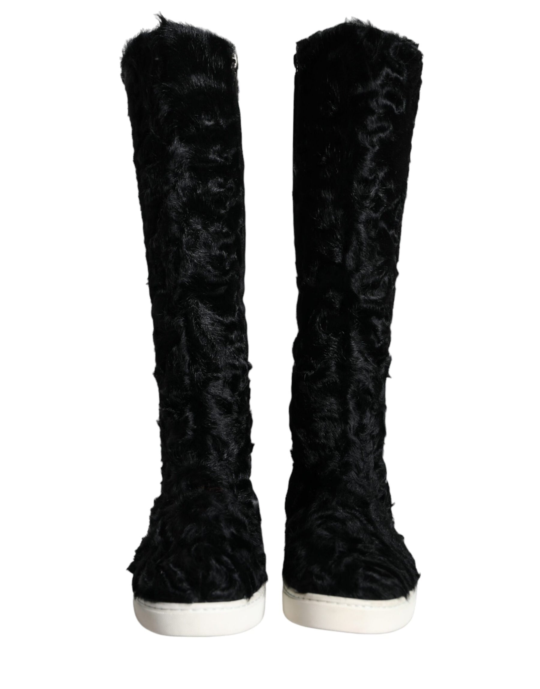 Dolce & Gabbana Black Xiangao Lamb Fur Leather Boots Shoes | Regal Royce