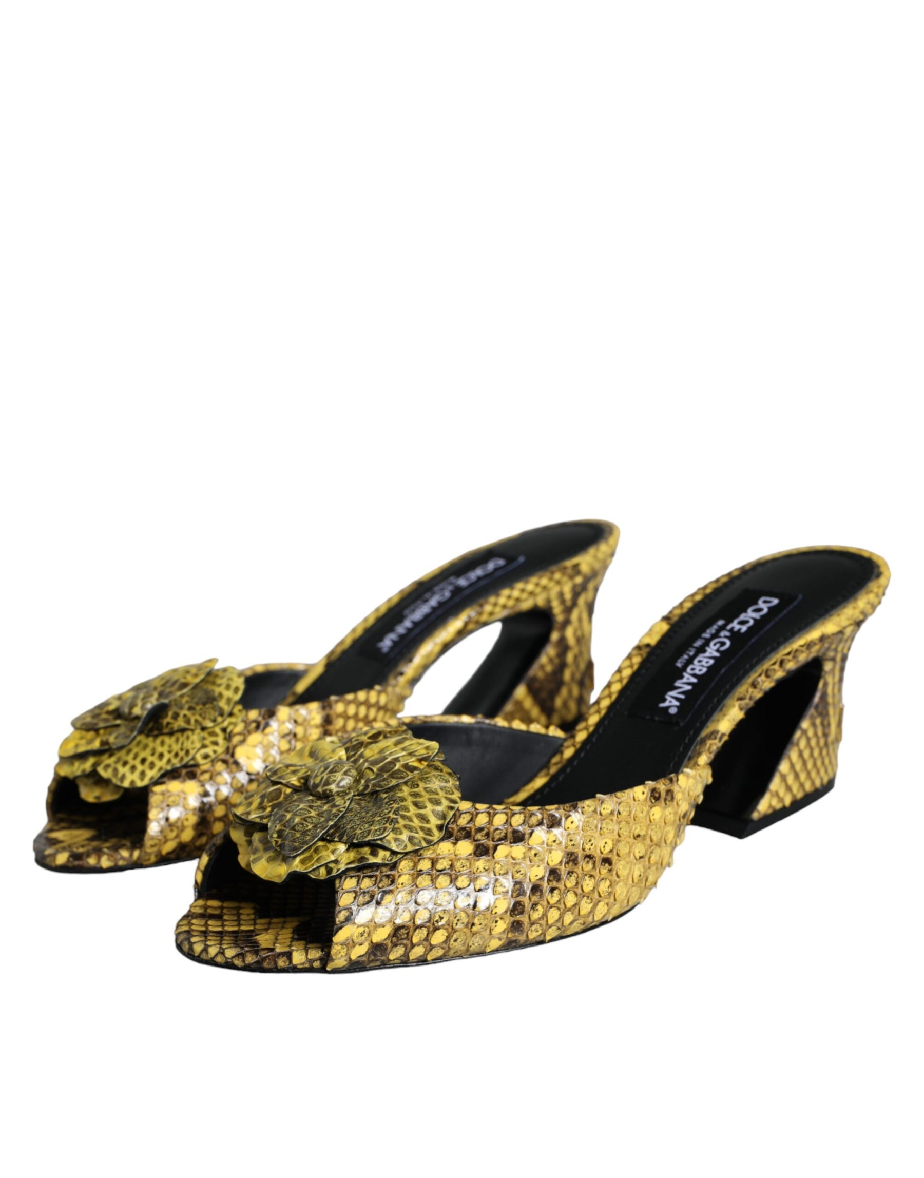 Dolce & Gabbana Yellow Leather Block Heels Slides Shoes | Regal Royce
