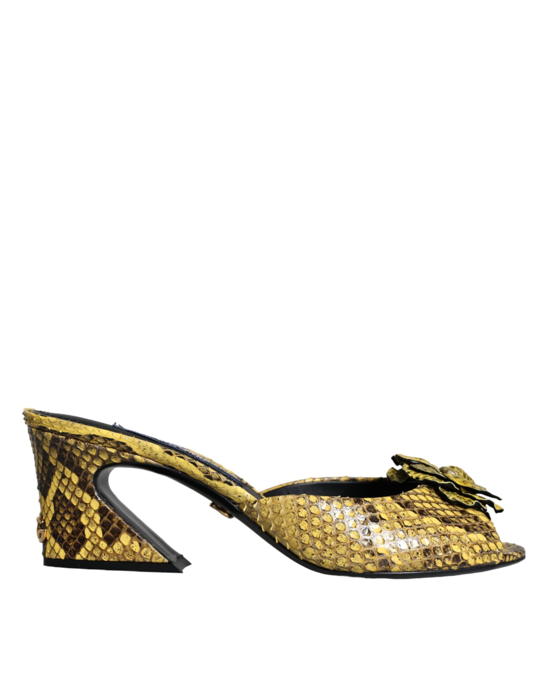 Dolce & Gabbana Yellow Leather Block Heels Slides Shoes | Regal Royce