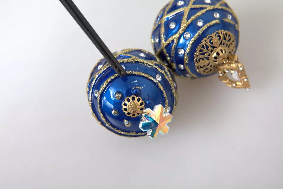 Dolce & Gabbana Gold Brass Blue Dangle Christmas Ball Crystal Clip On Earrings | Regal Royce