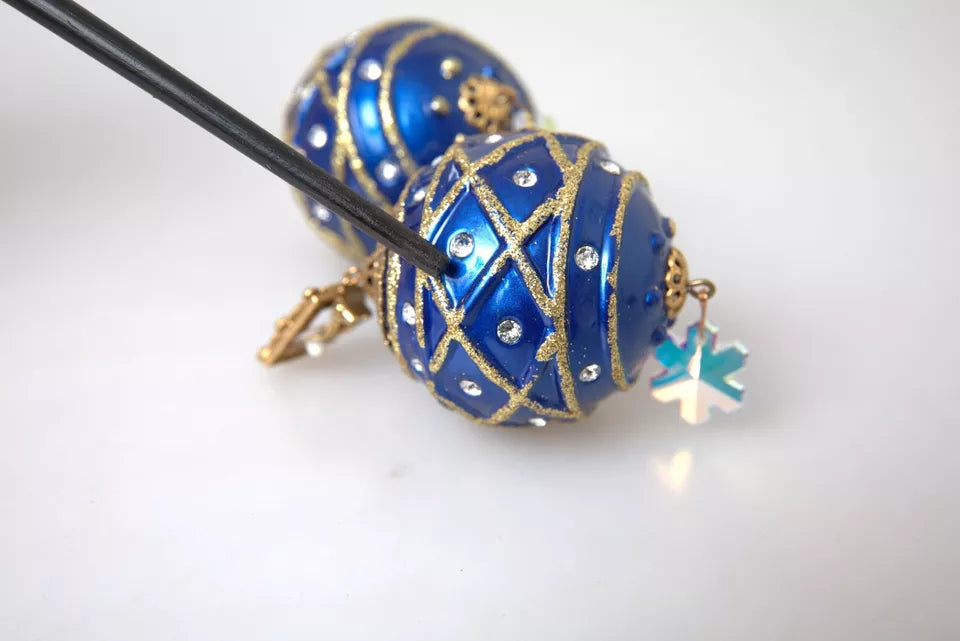 Dolce & Gabbana Gold Brass Blue Dangle Christmas Ball Crystal Clip On Earrings | Regal Royce