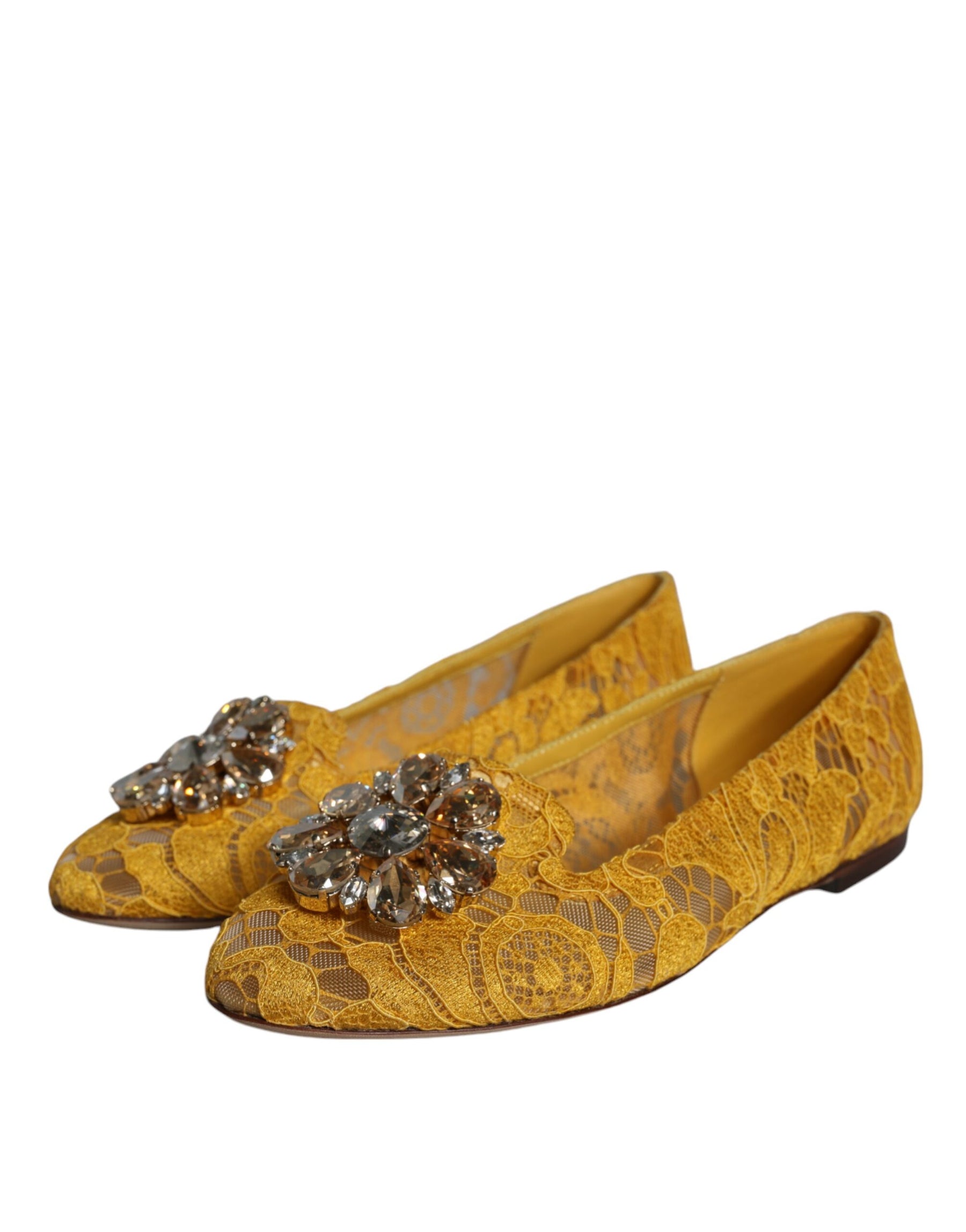 Dolce & Gabbana Mustard Lace Crystal Ballet Flats Loafer Shoes | Regal Royce