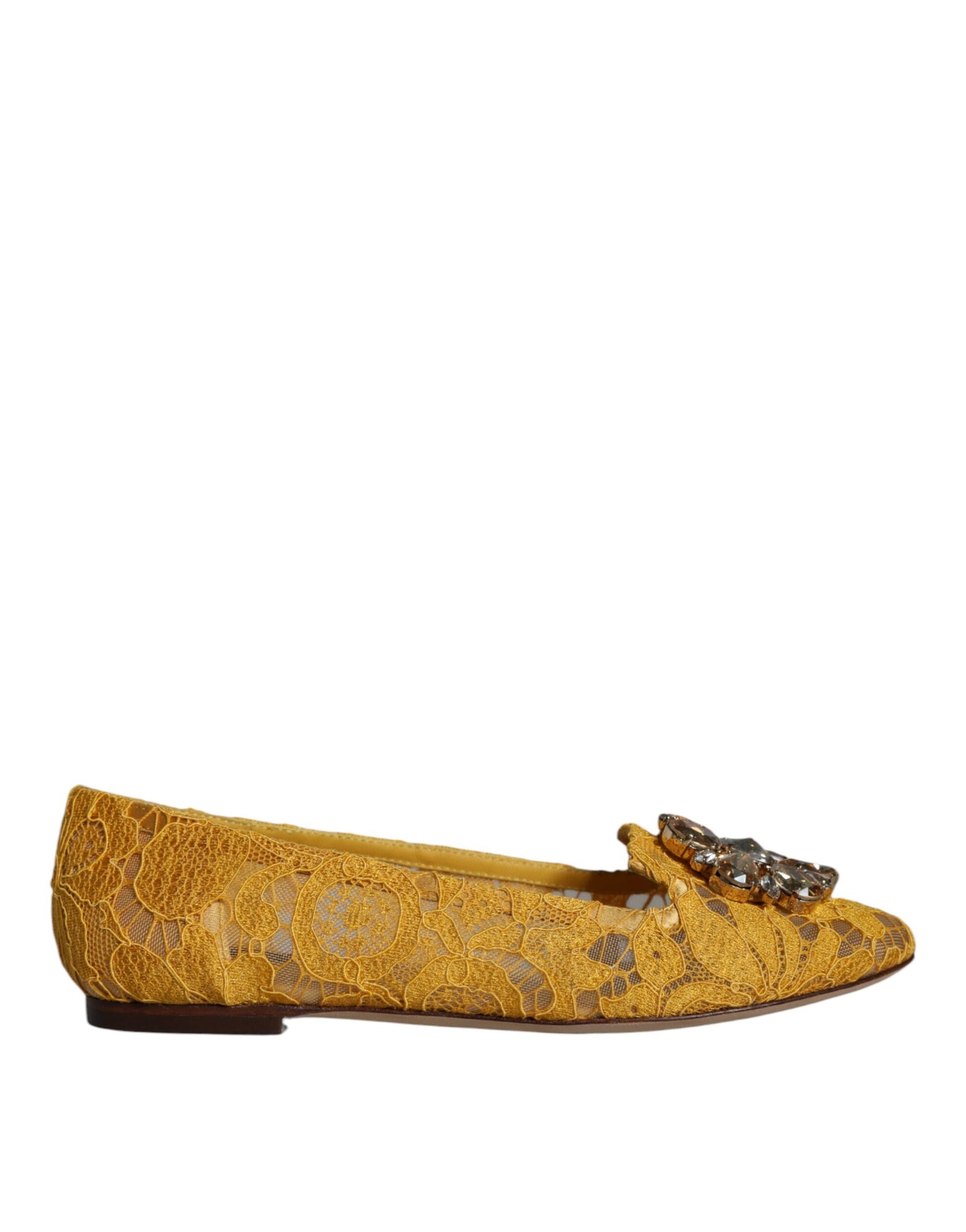 Dolce & Gabbana Mustard Lace Crystal Ballet Flats Loafer Shoes | Regal Royce