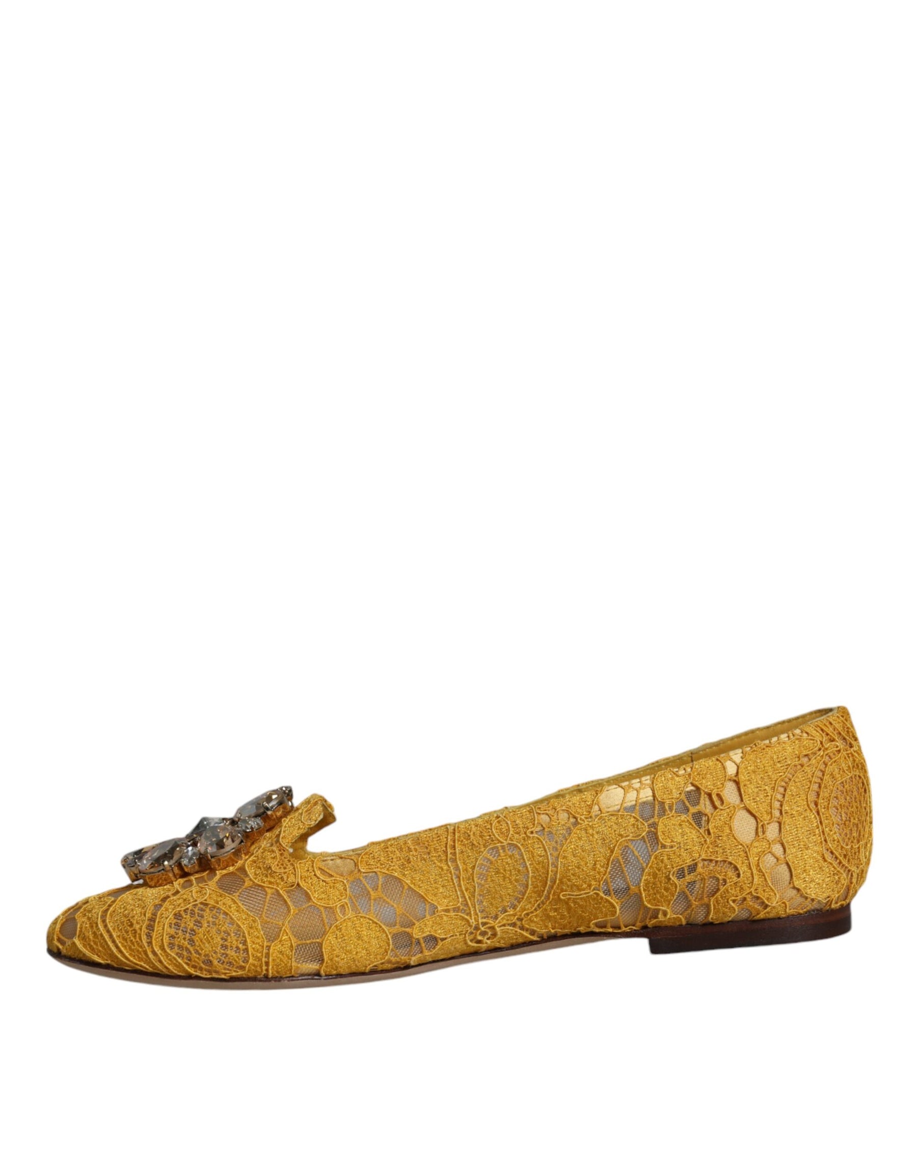 Dolce & Gabbana Mustard Lace Crystal Ballet Flats Loafer Shoes | Regal Royce