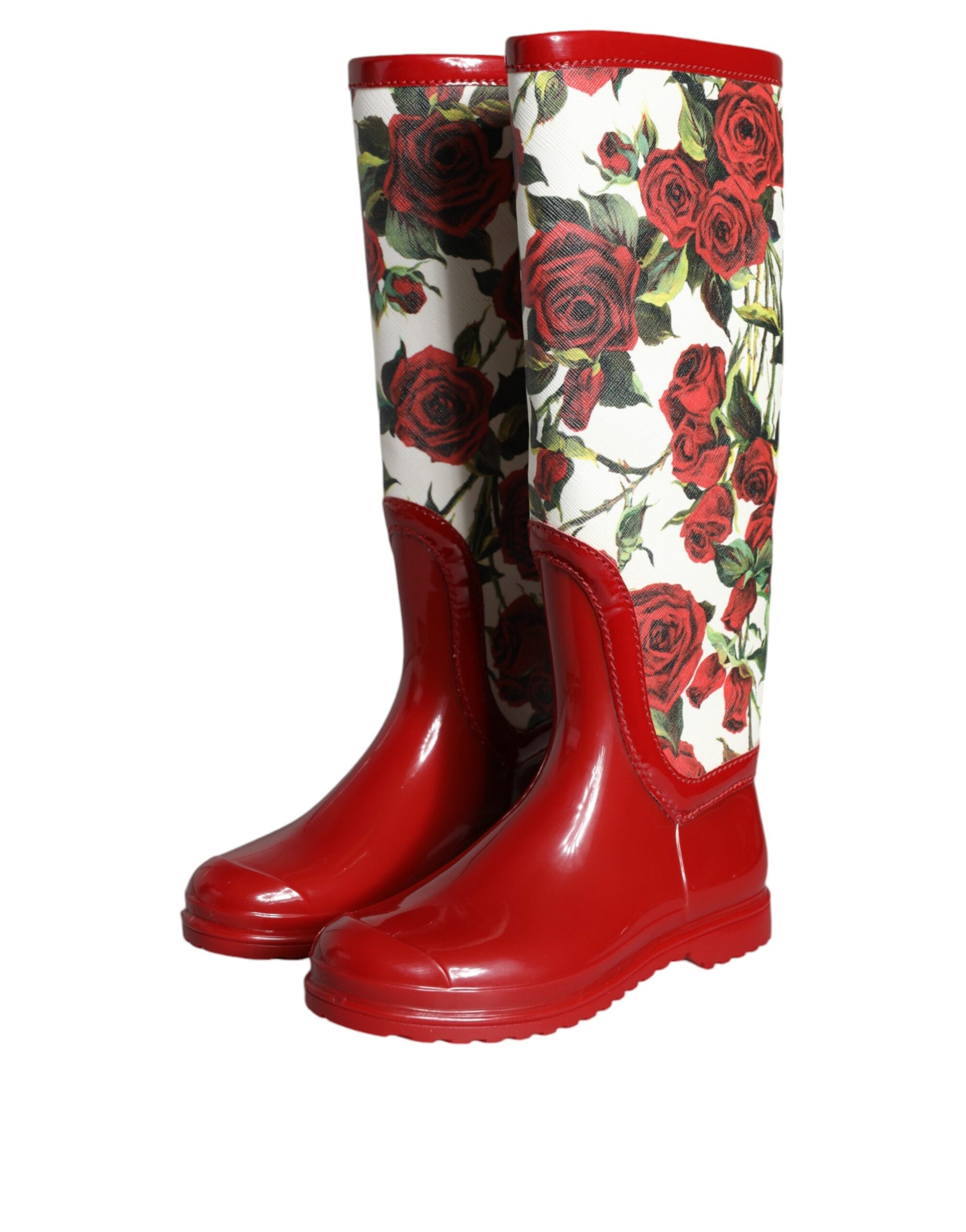 Dolce & Gabbana Red Floral Rubber Knee High Flat Boots Shoes | Regal Royce