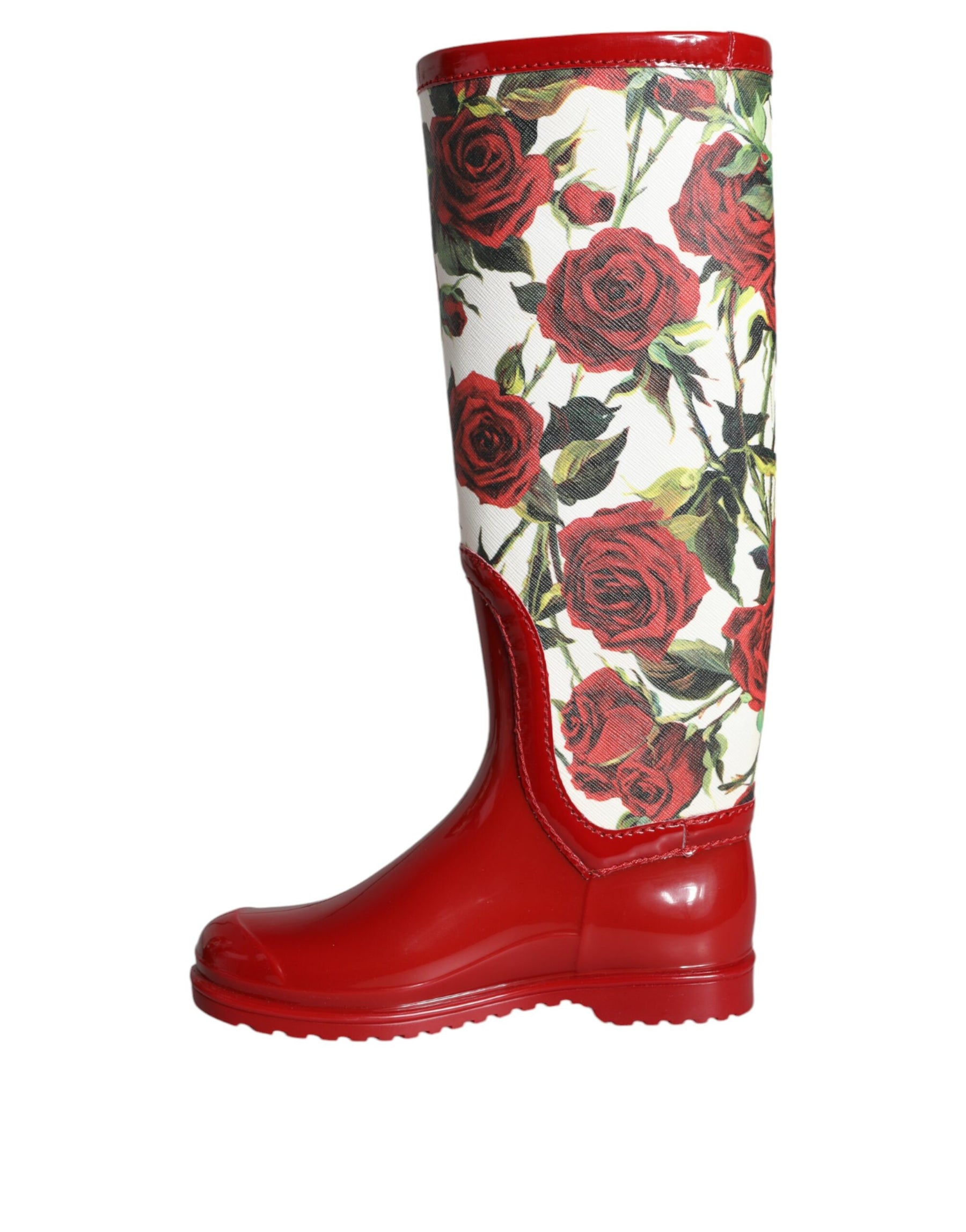 Dolce & Gabbana Red Floral Rubber Knee High Flat Boots Shoes | Regal Royce