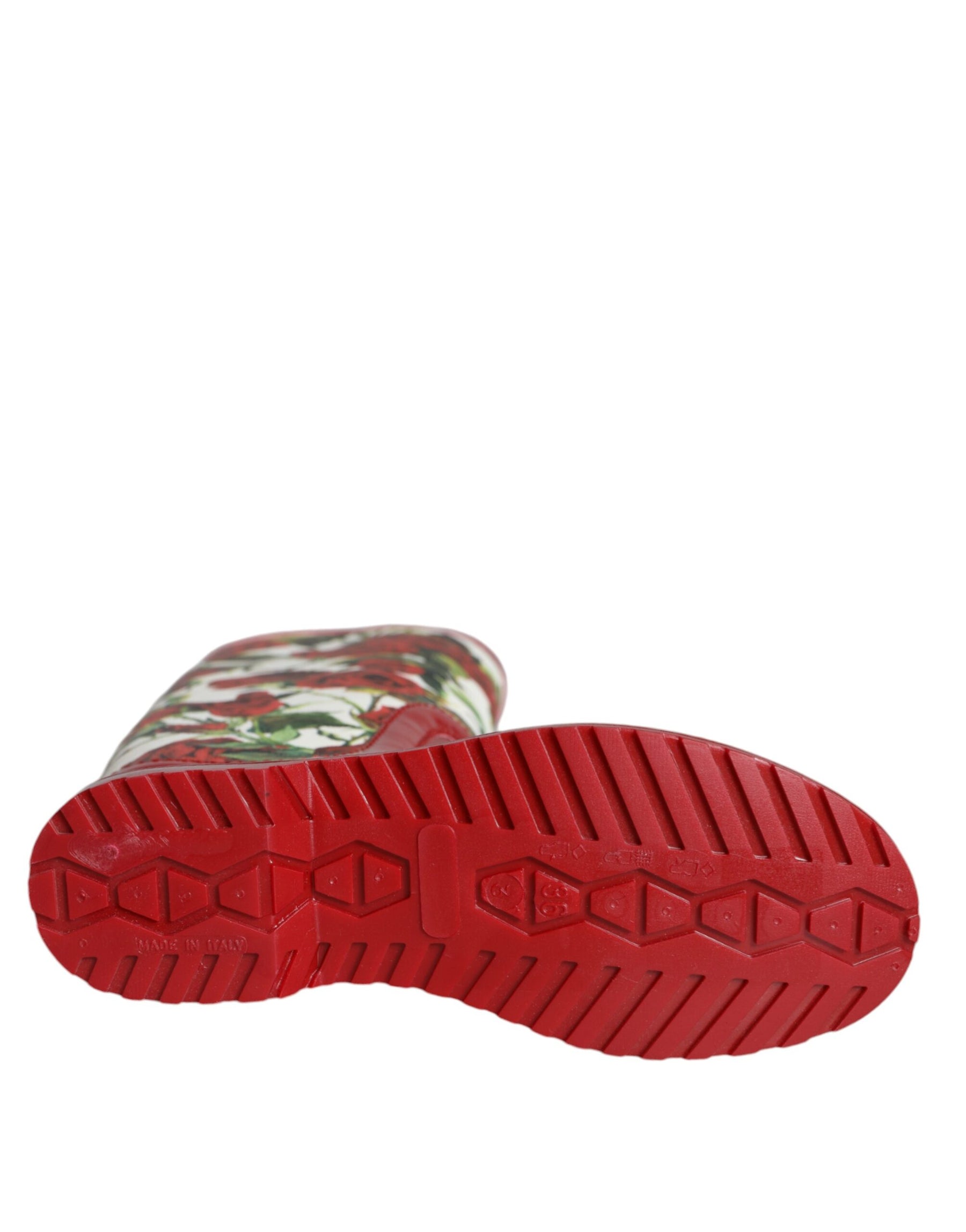 Dolce & Gabbana Red Floral Rubber Knee High Flat Boots Shoes | Regal Royce