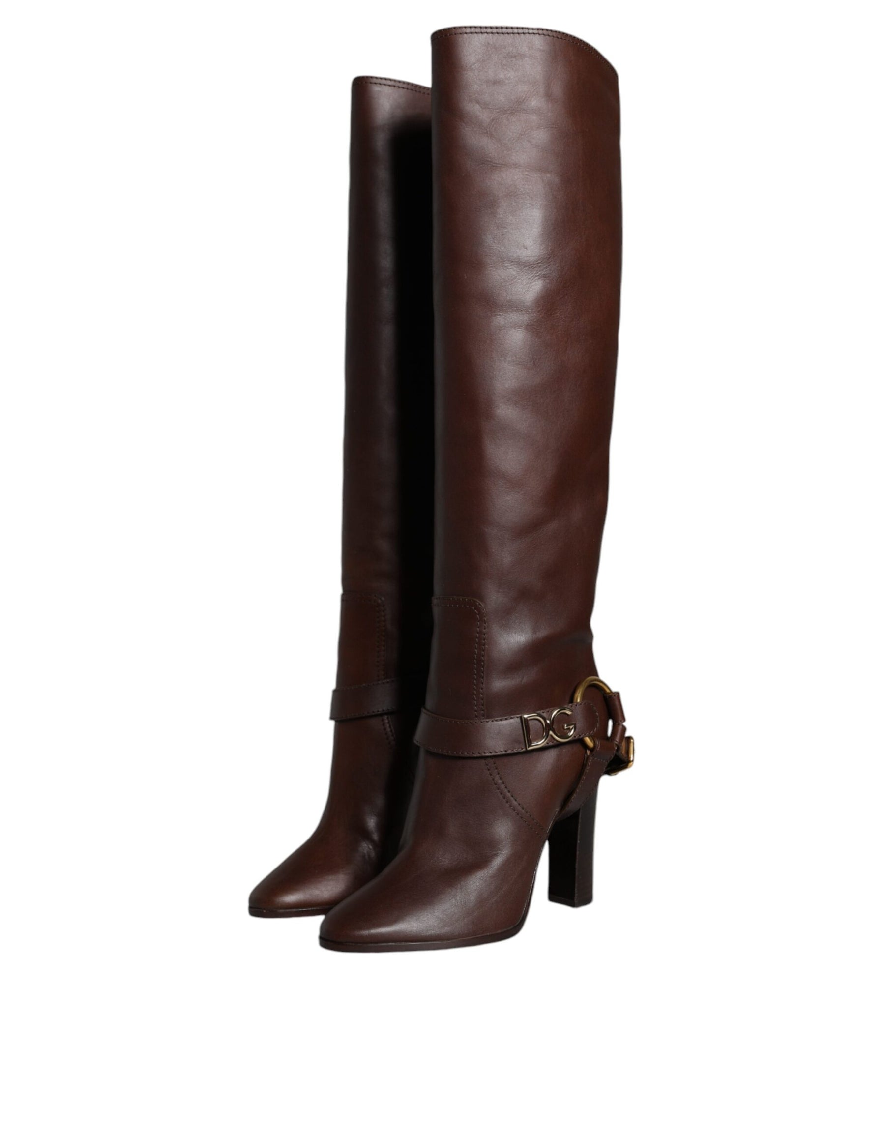Dolce & Gabbana Brown Leather Gold Tone Logo High Boots Shoes | Regal Royce
