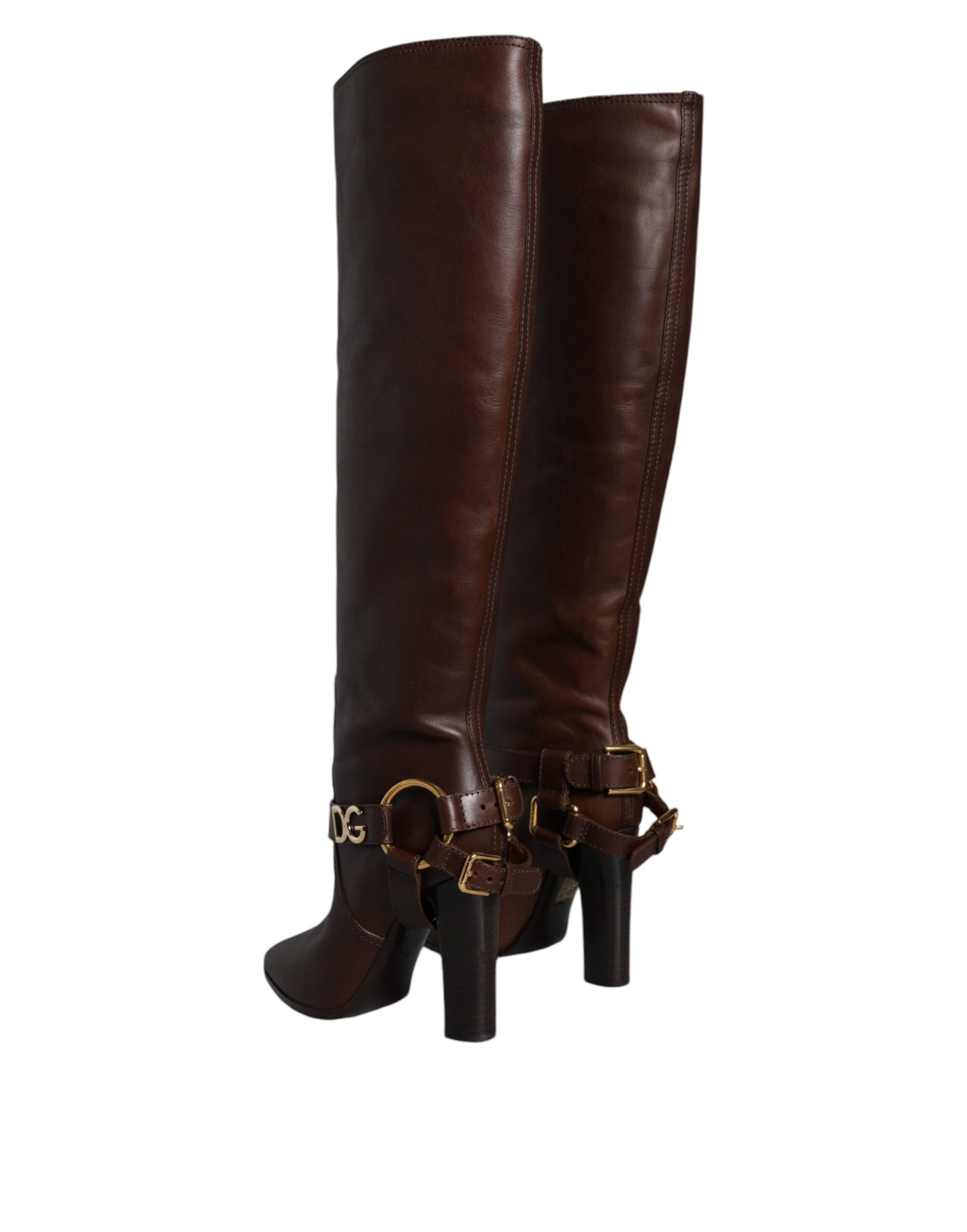Dolce & Gabbana Brown Leather Gold Tone Logo High Boots Shoes | Regal Royce