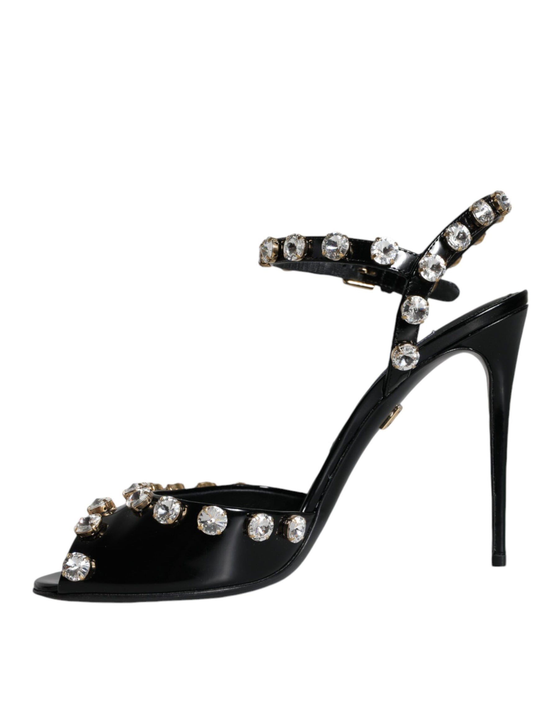 Dolce & Gabbana Black Leather Crystal Ankle Strap Sandals Shoes | Regal Royce