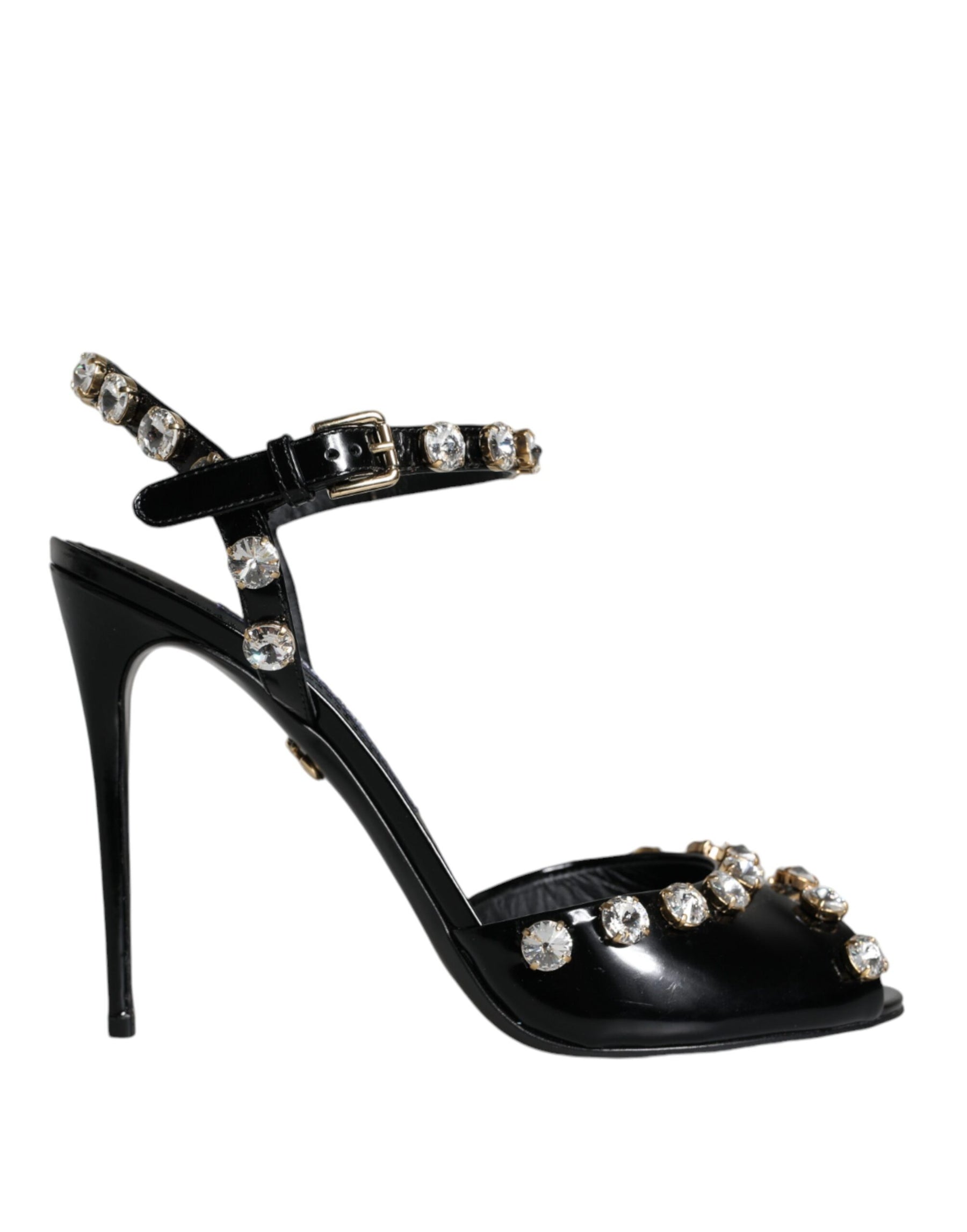 Dolce & Gabbana Black Leather Crystal Ankle Strap Sandals Shoes | Regal Royce