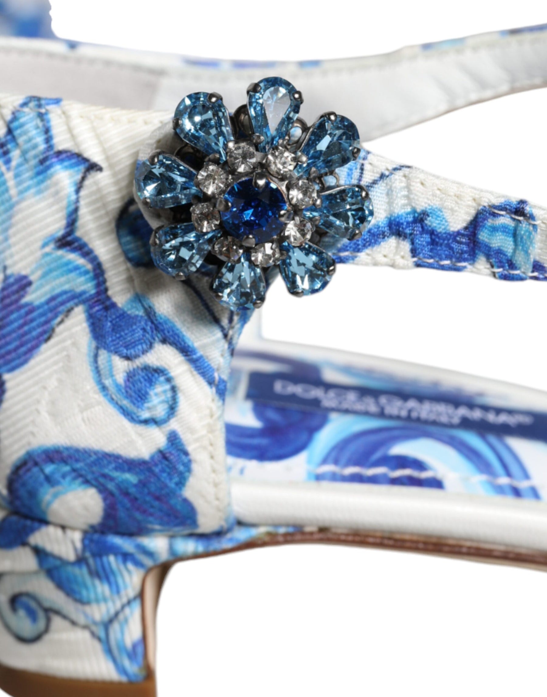 Dolce & Gabbana White Blue Majolica Print Ankle Strap Sandals Shoes | Regal Royce