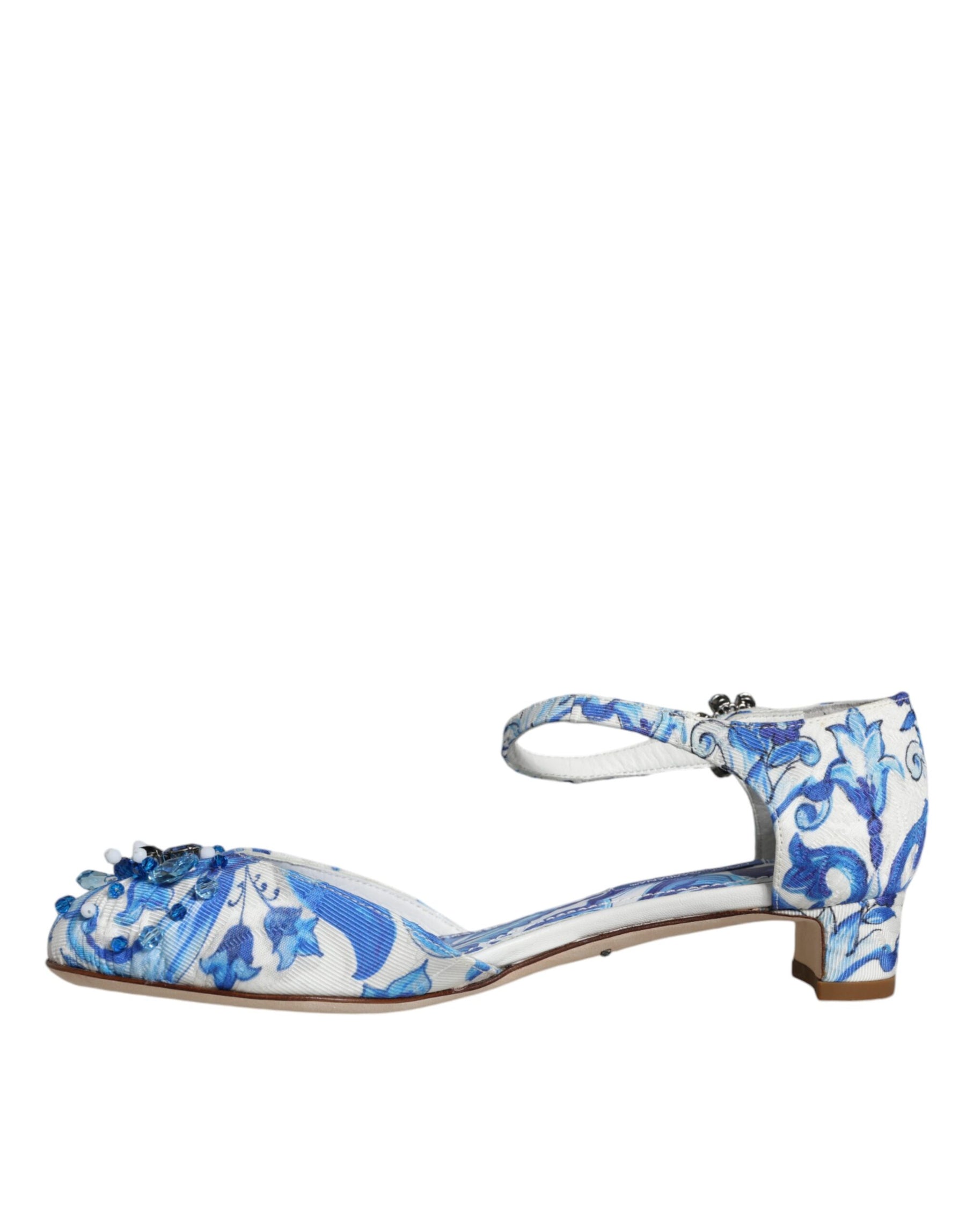 Dolce & Gabbana White Blue Majolica Print Ankle Strap Sandals Shoes | Regal Royce