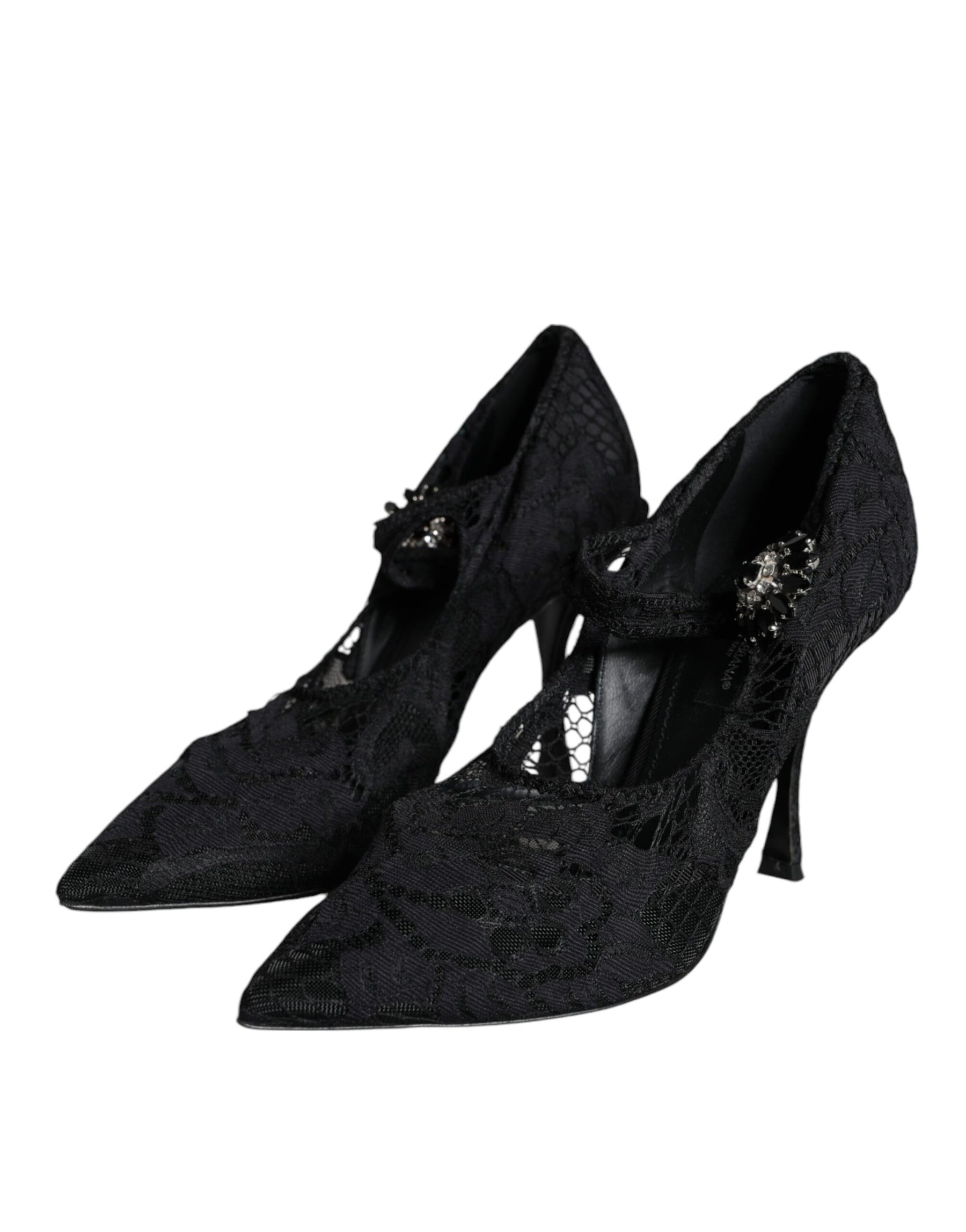 Dolce & Gabbana Black Mary Jane Pumps Lace Crystals Heels Shoes | Regal Royce