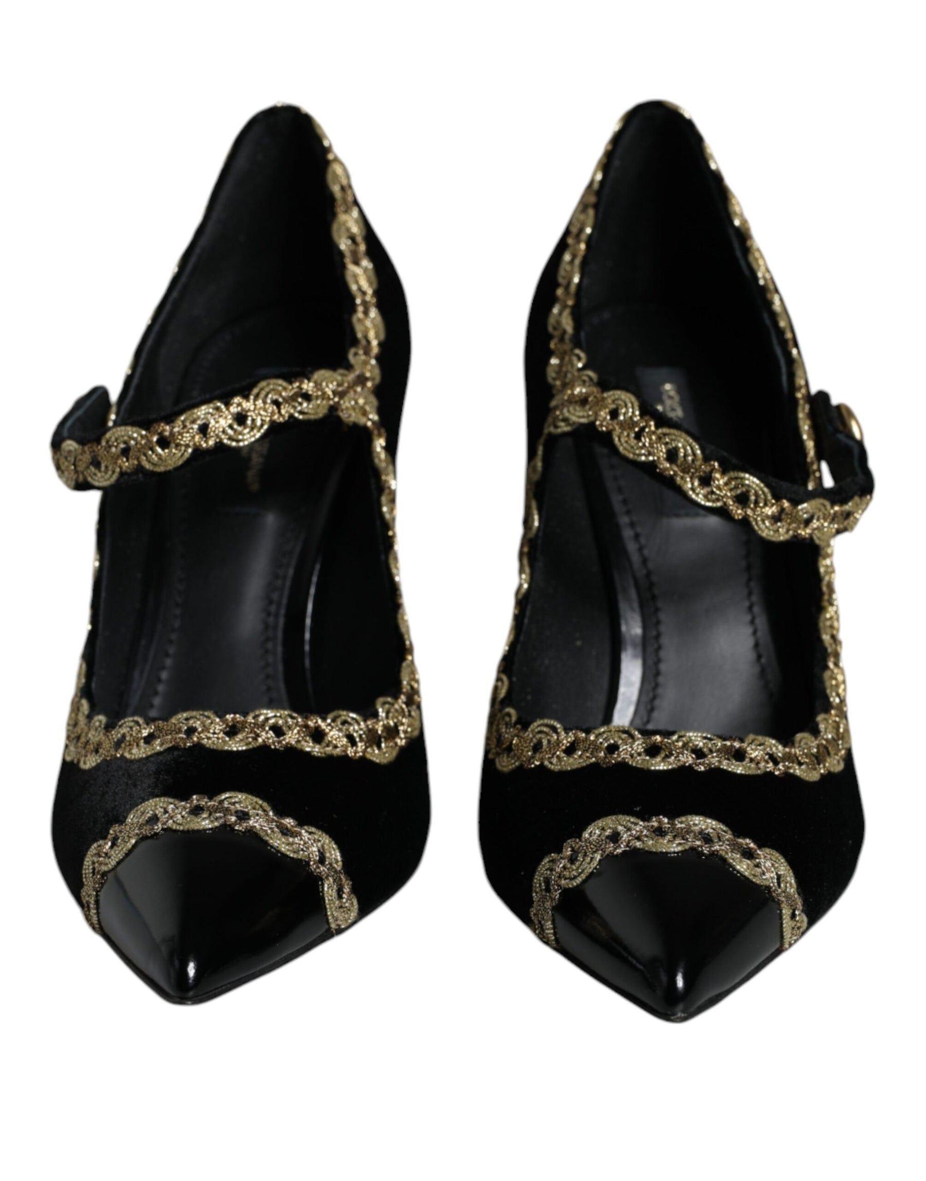 Dolce & Gabbana Black Mary Janes Velvet Gold Pumps Shoes | Regal Royce