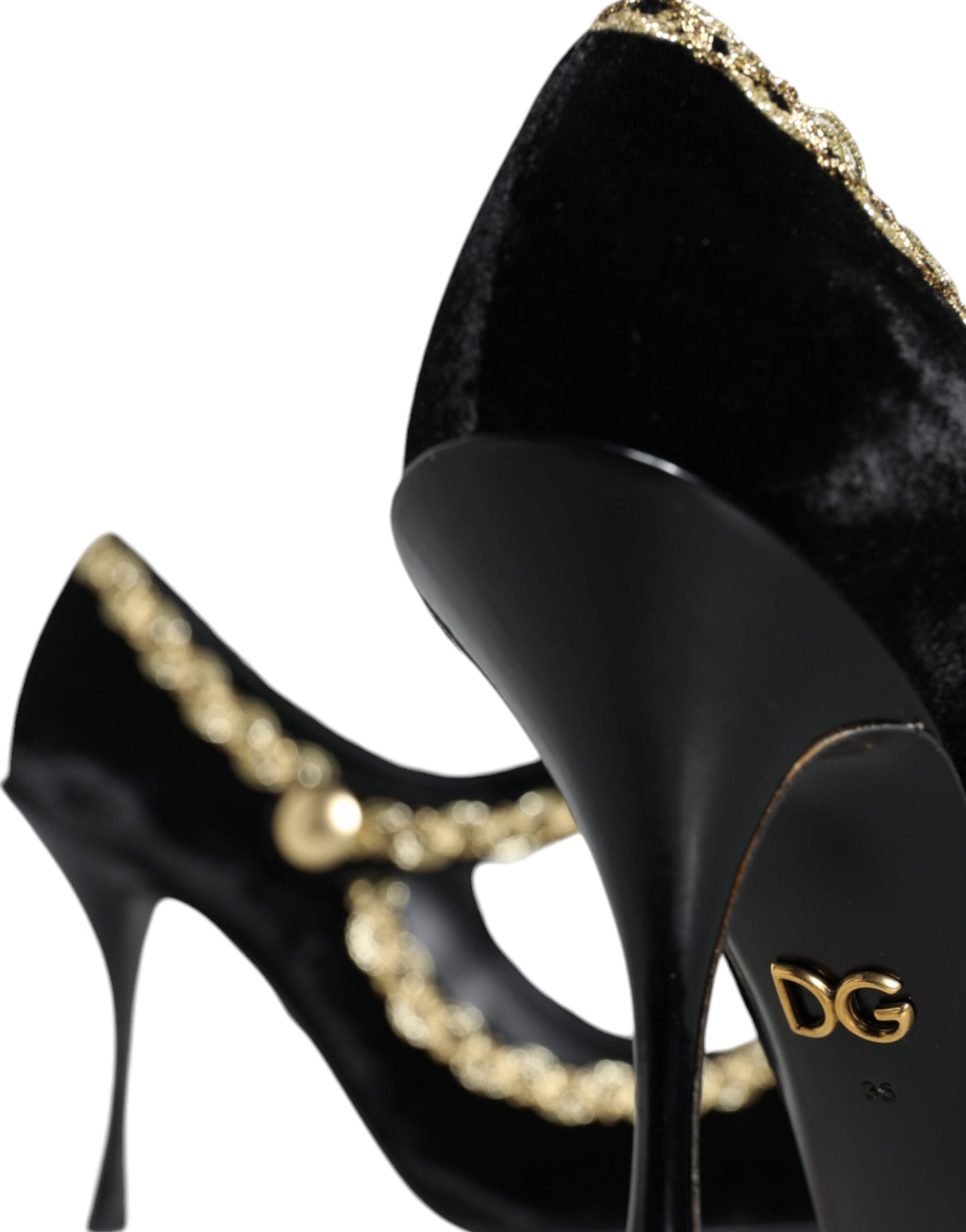 Dolce & Gabbana Black Mary Janes Velvet Gold Pumps Shoes | Regal Royce