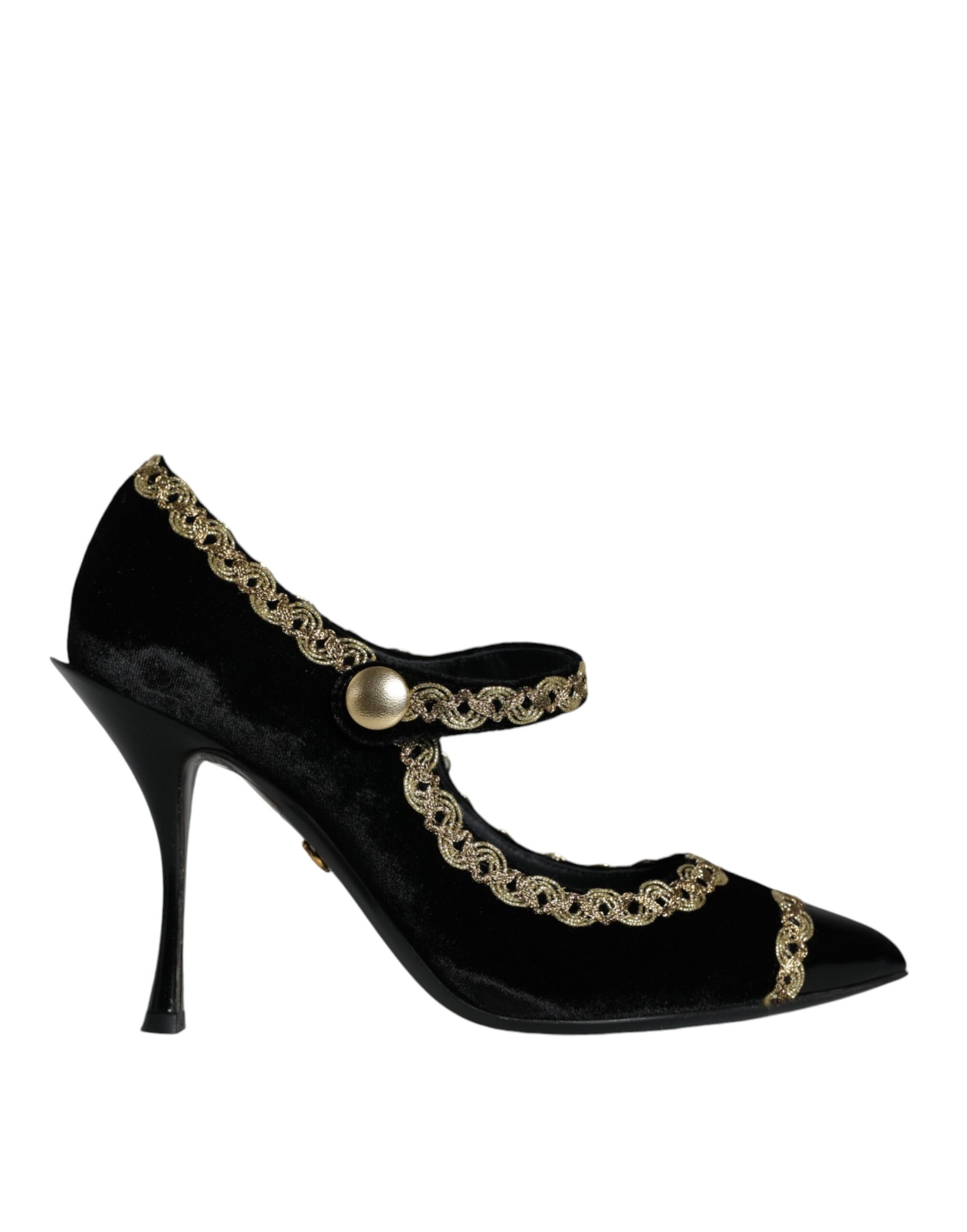 Dolce & Gabbana Black Mary Janes Velvet Gold Pumps Shoes | Regal Royce