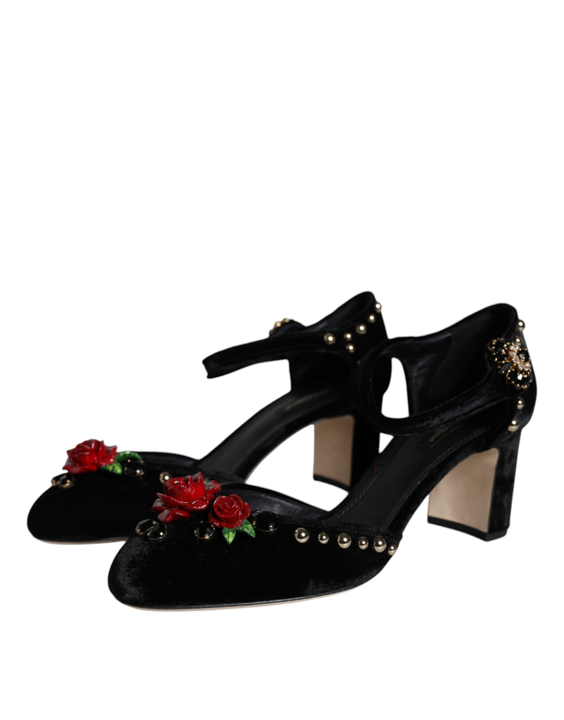Dolce & Gabbana Black Velvet Roses Ankle Strap Pumps Shoes | Regal Royce