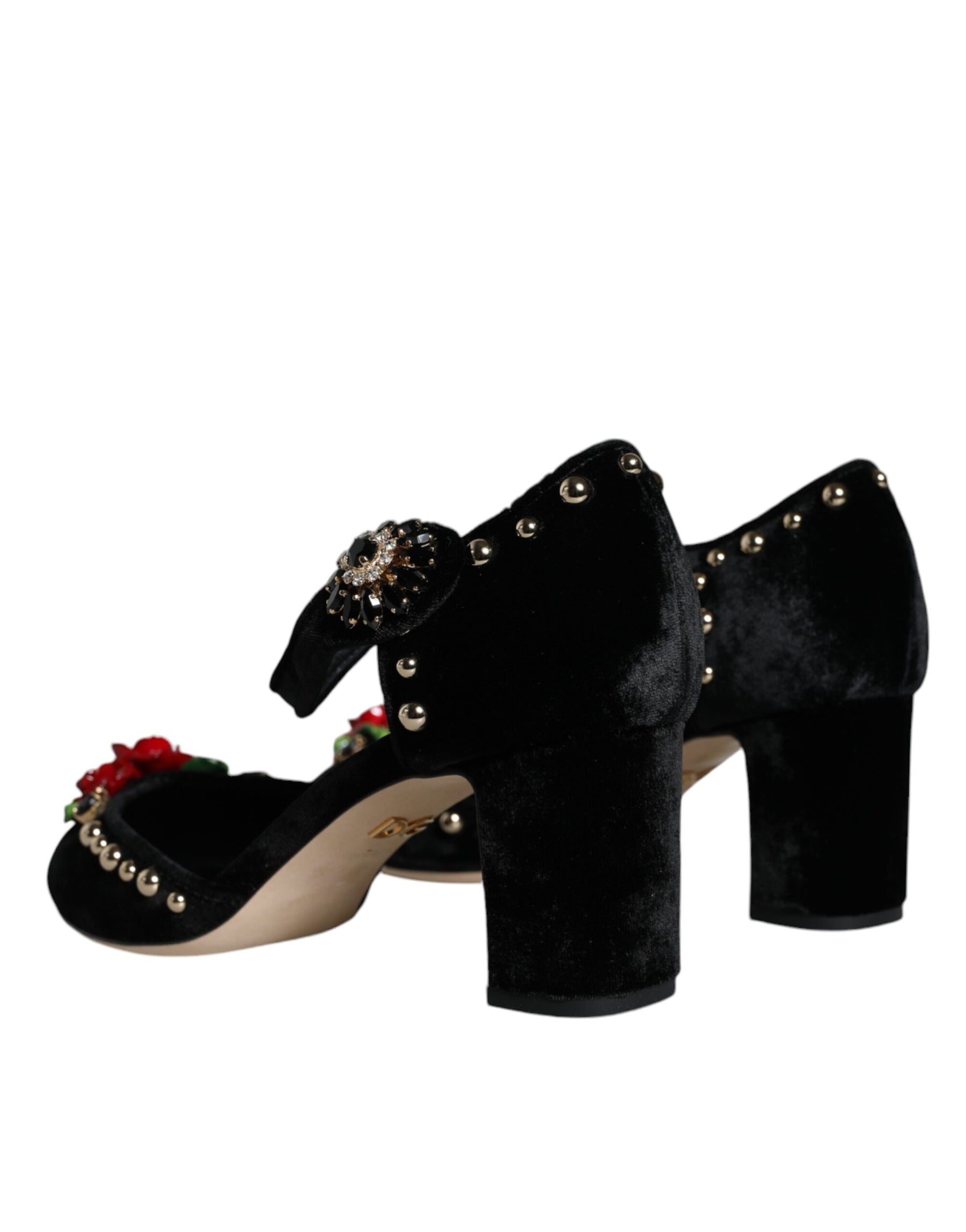 Dolce & Gabbana Black Velvet Roses Ankle Strap Pumps Shoes | Regal Royce
