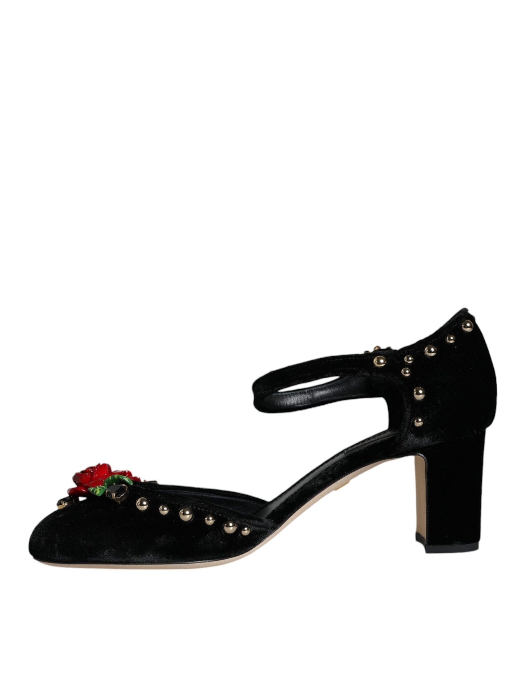 Dolce & Gabbana Black Velvet Roses Ankle Strap Pumps Shoes | Regal Royce