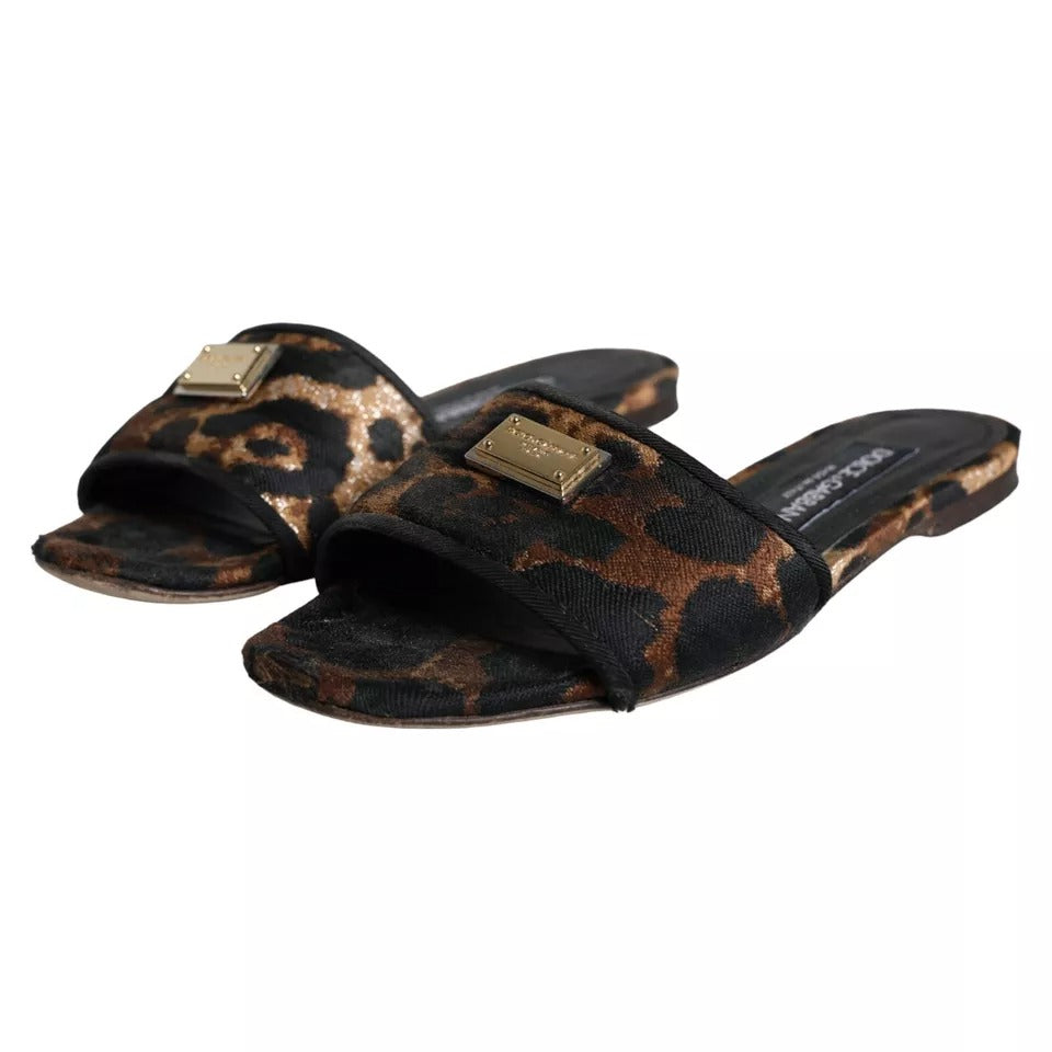Dolce & Gabbana Brown Leopard Logo Slides Flats Sandals Shoes | Regal Royce