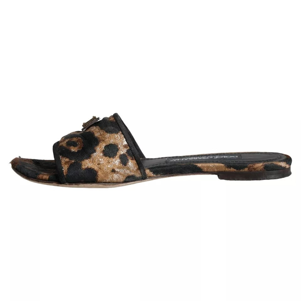 Dolce & Gabbana Brown Leopard Logo Slides Flats Sandals Shoes | Regal Royce