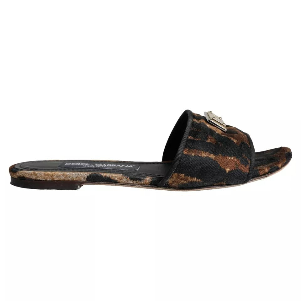 Dolce & Gabbana Brown Leopard Logo Slides Flats Sandals Shoes | Regal Royce