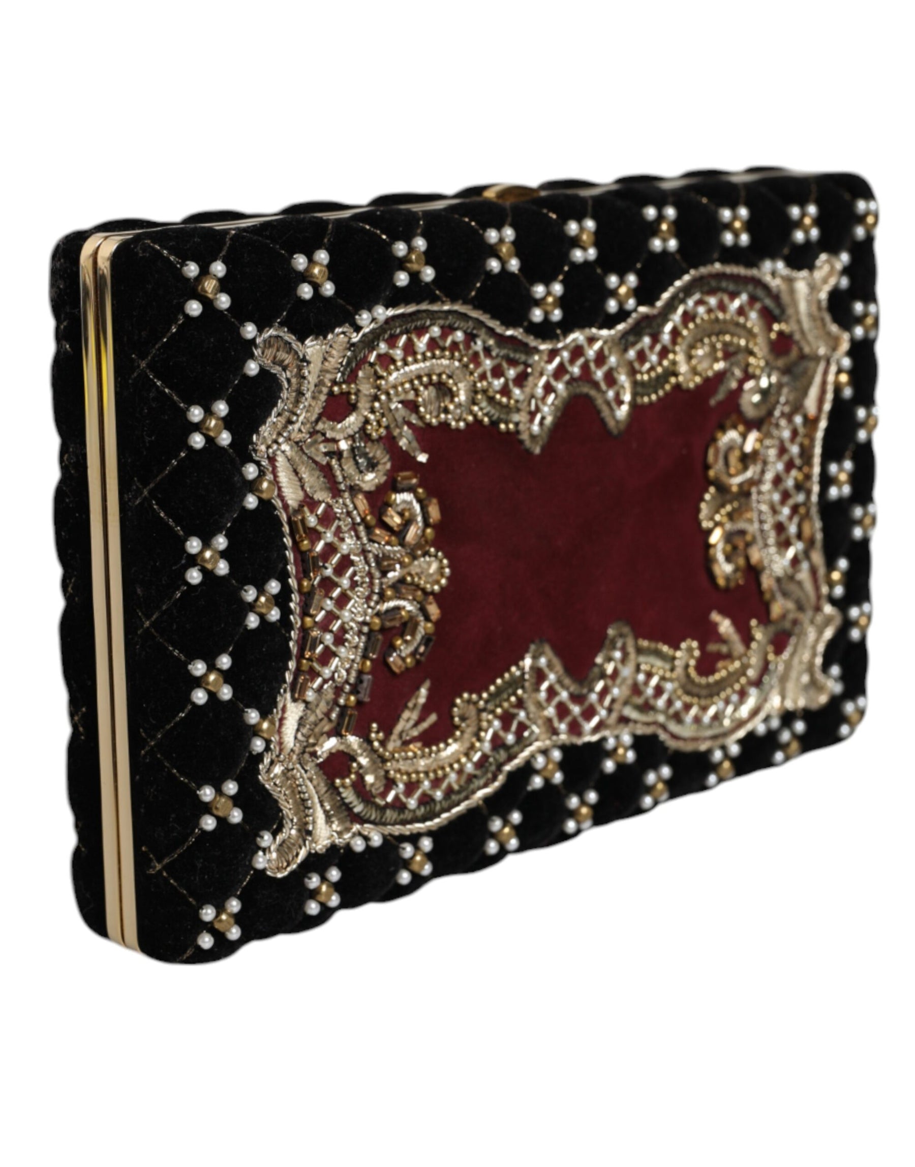 Dolce & Gabbana Bordeaux Black Velvet Gold Frame Clutch Evening Purse Bag | Regal Royce