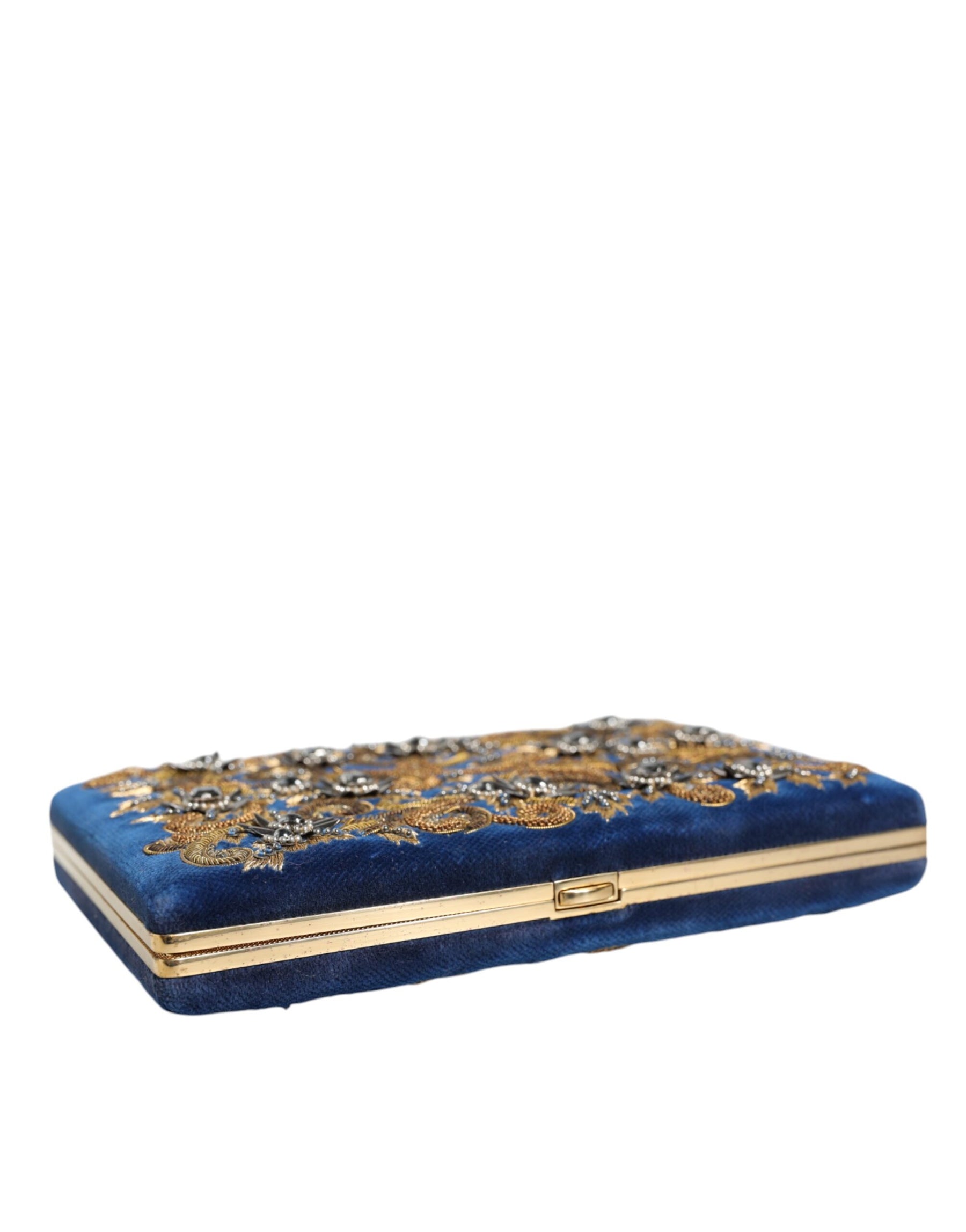 Dolce & Gabbana Blue Velvet Gold Frame Clutch Evening Party Purse Bag | Regal Royce