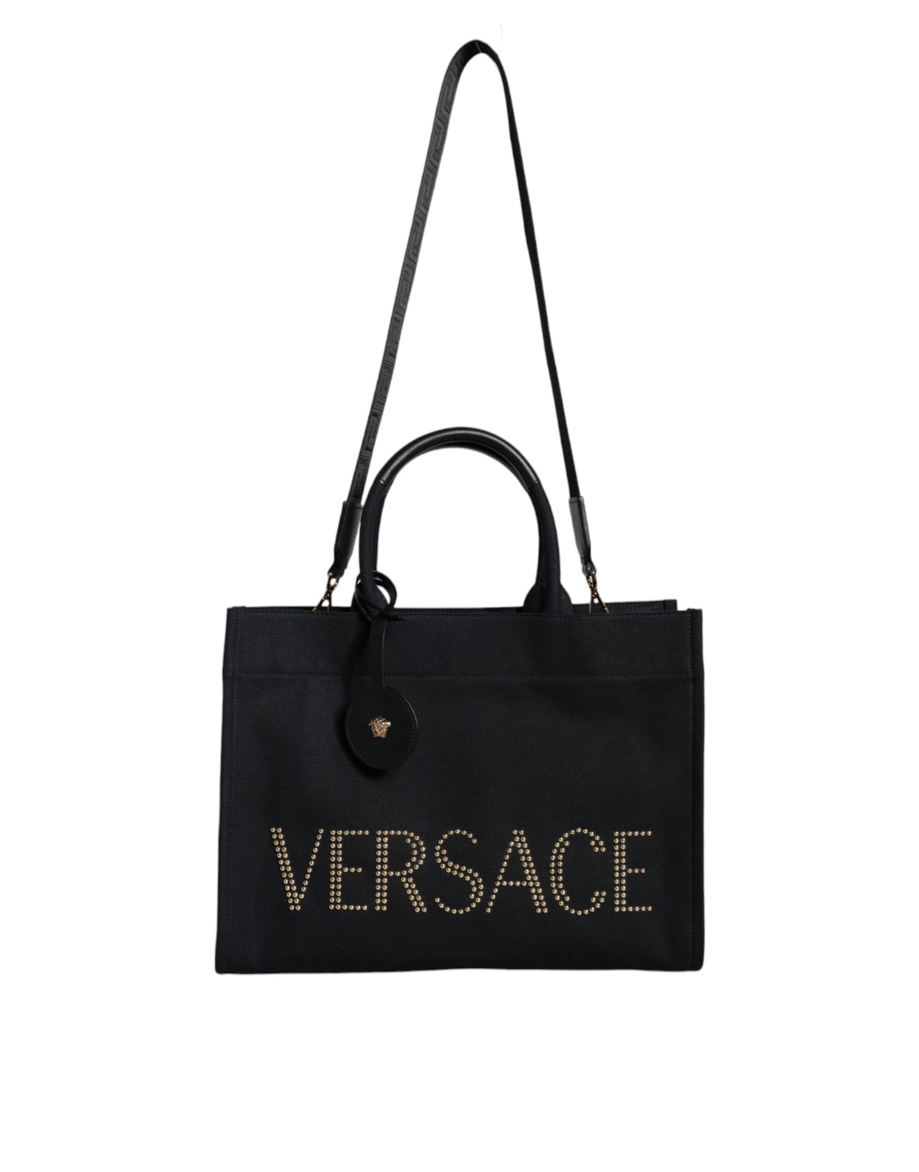 Versace Black Top Handle Canvas Leather Logo Crossbody Tote Bag | Regal Royce