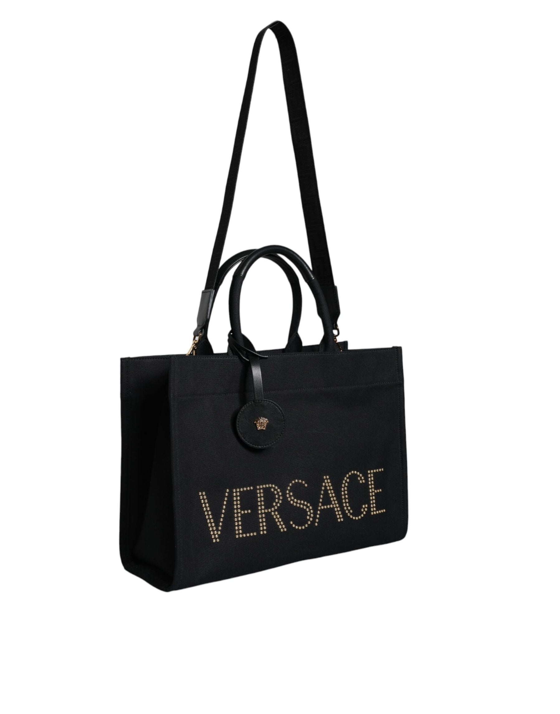 Versace Black Top Handle Canvas Leather Logo Crossbody Tote Bag | Regal Royce