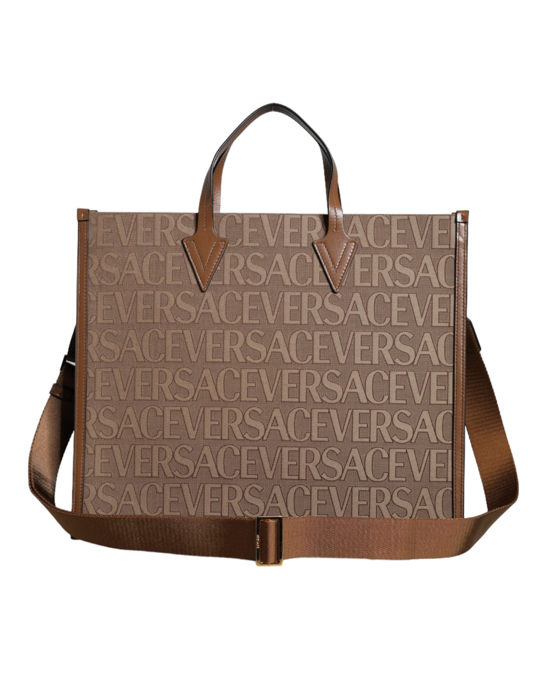 Versace Brown Top Handle Jacquard Leather Logo Crossbody Tote Bag | Regal Royce