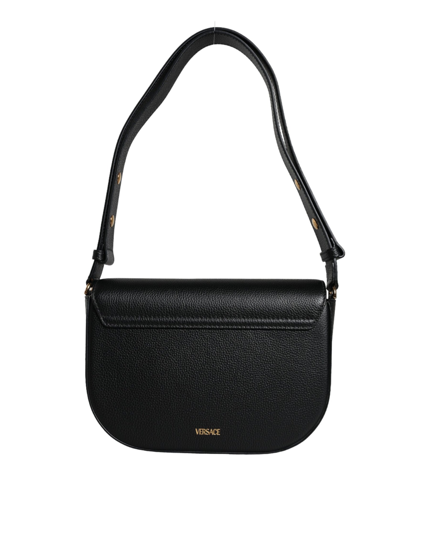 Versace Black Grainy Calf Leather Logo Crossbody Shoulder Bag | Regal Royce