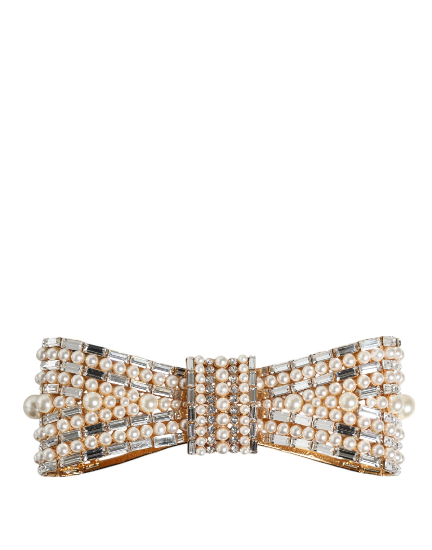 Dolce & Gabbana Gold Tone Brass Bow Crystal FauxPearl Embellished Brooch | Regal Royce