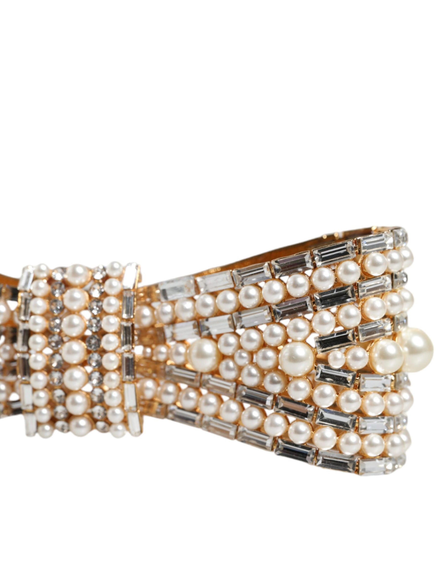 Dolce & Gabbana Gold Tone Brass Bow Crystal FauxPearl Embellished Brooch | Regal Royce