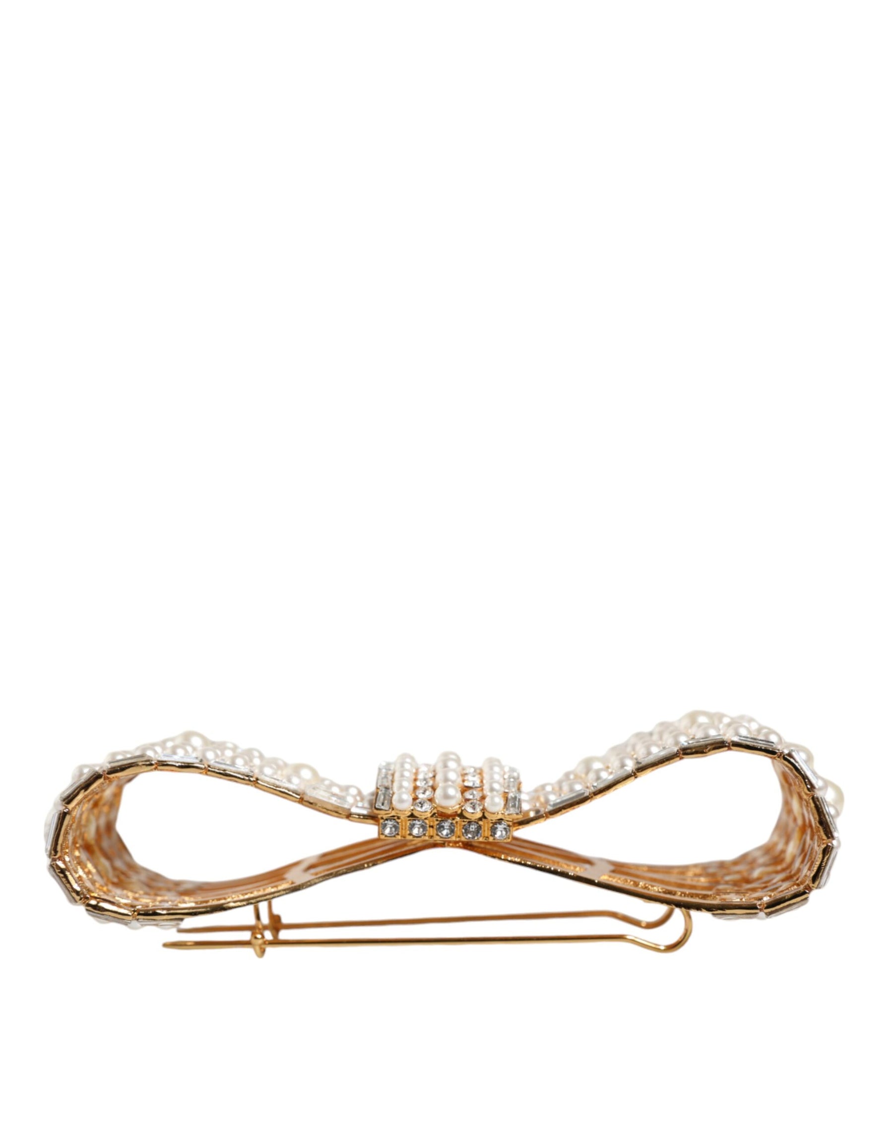 Dolce & Gabbana Gold Tone Brass Bow Crystal FauxPearl Embellished Brooch | Regal Royce