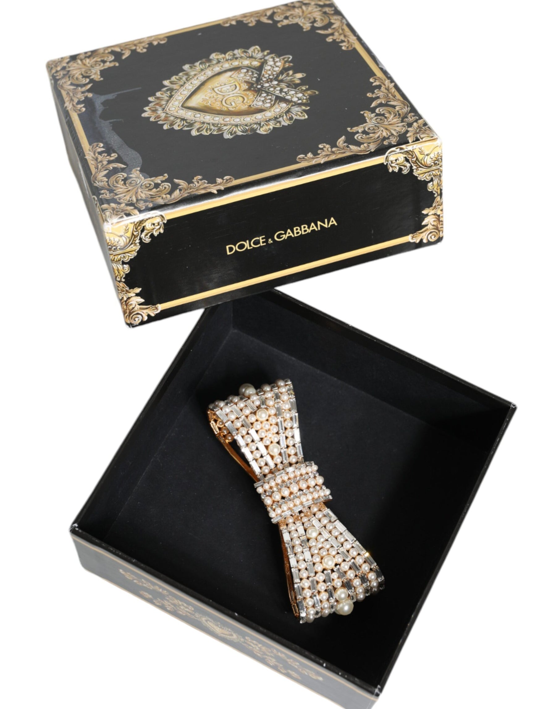 Dolce & Gabbana Gold Tone Brass Bow Crystal FauxPearl Embellished Brooch | Regal Royce
