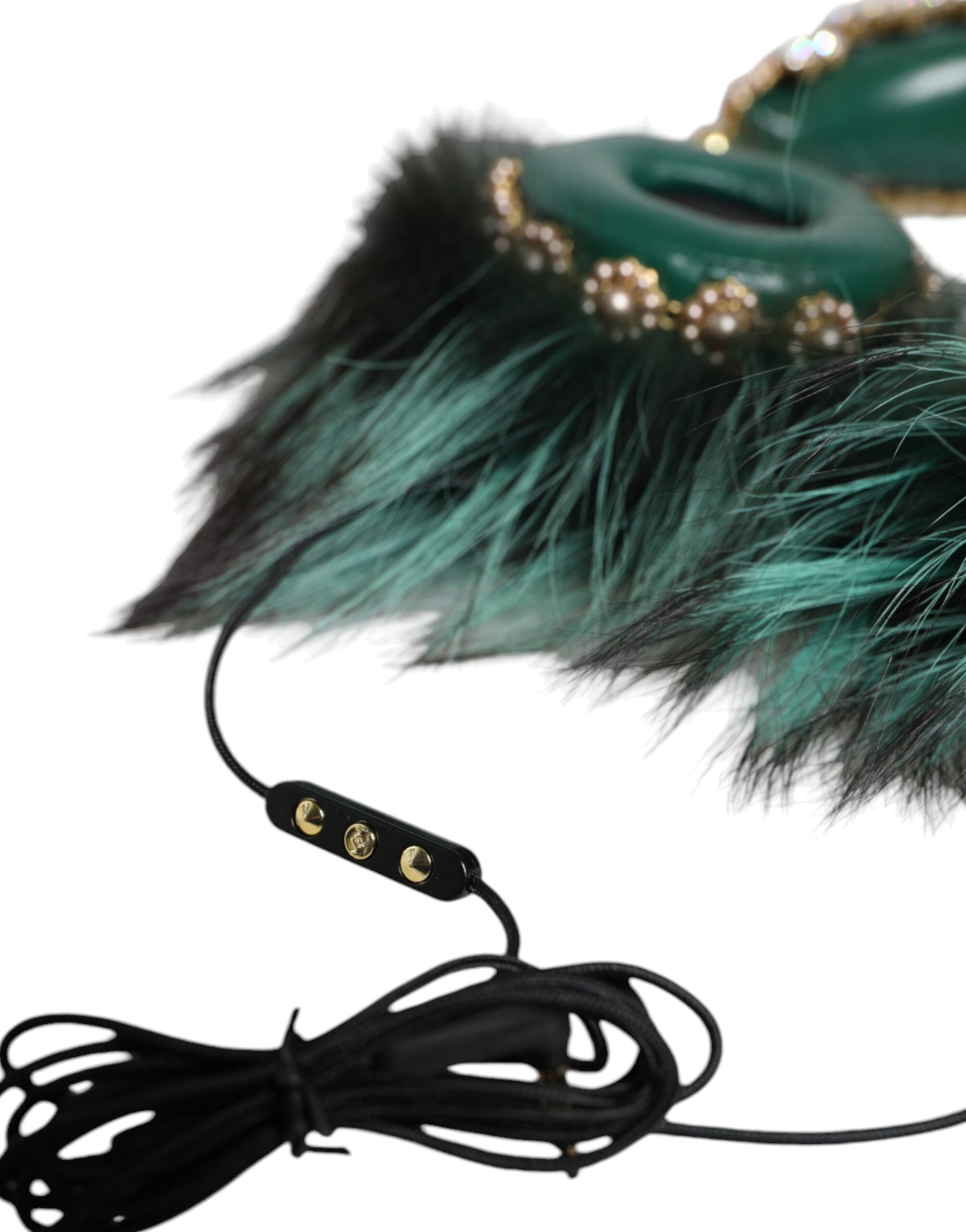 Dolce & Gabbana Green Gold Crystal Fur Headset Audio AUX Headphones | Regal Royce