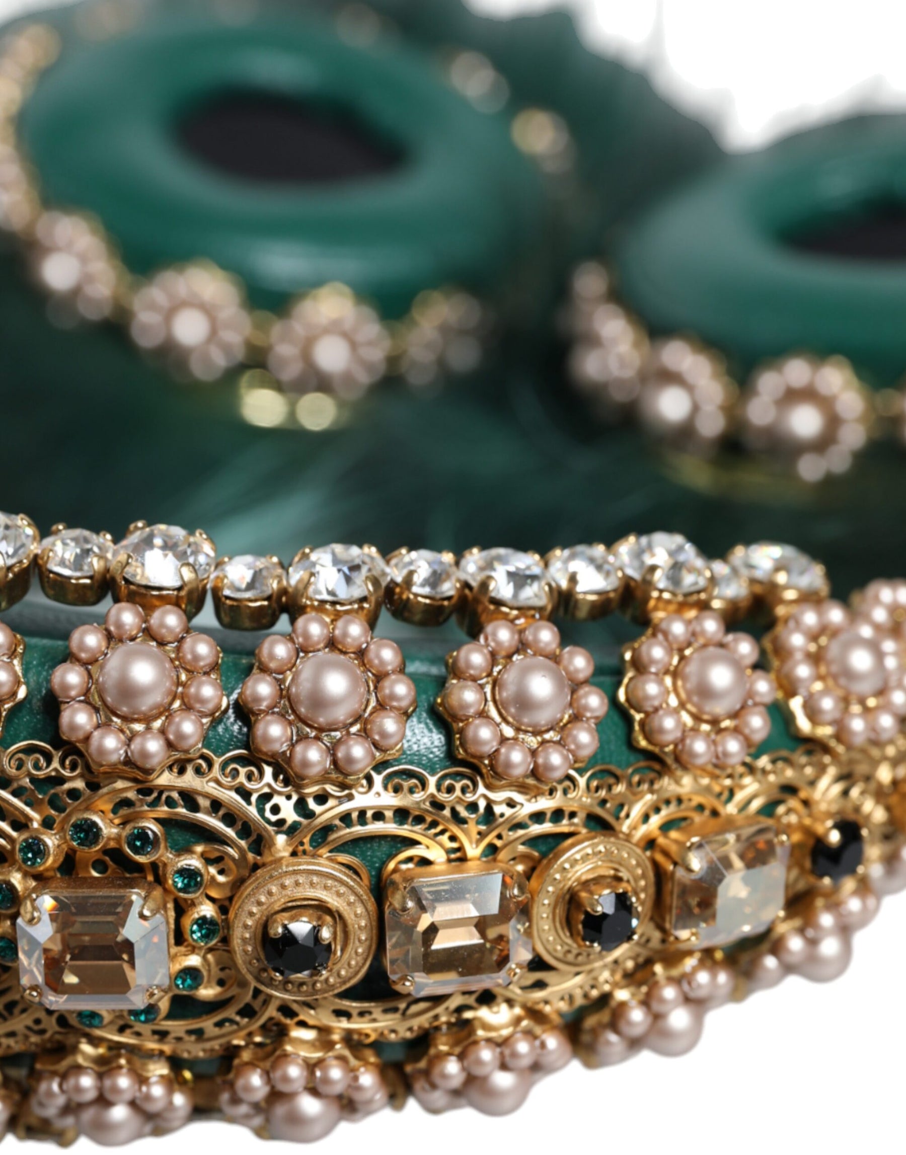 Dolce & Gabbana Green Gold Crystal Fur Headset Audio AUX Headphones | Regal Royce