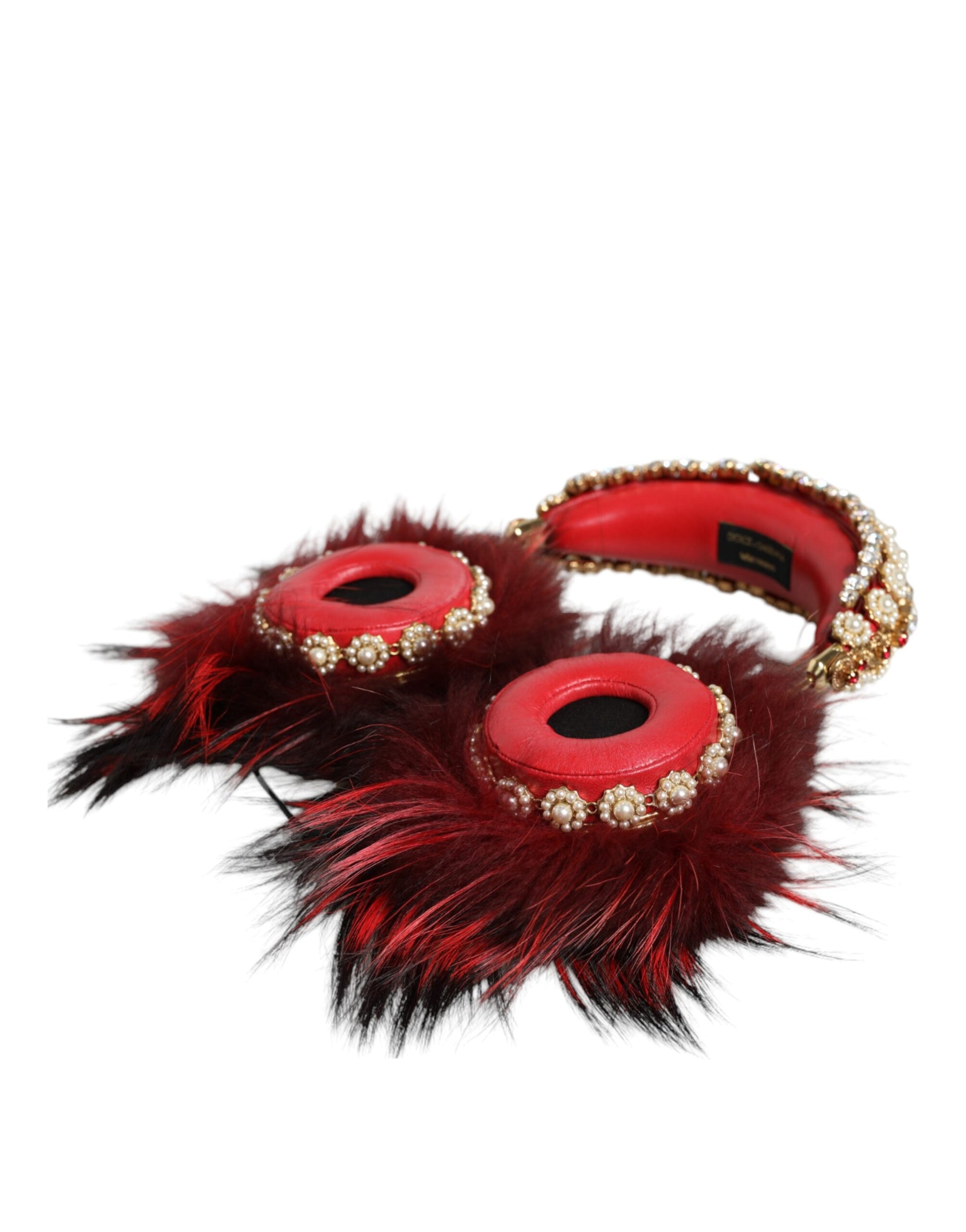 Dolce & Gabbana Red Gold Crystal Fur Headset Audio AUX Headphones | Regal Royce