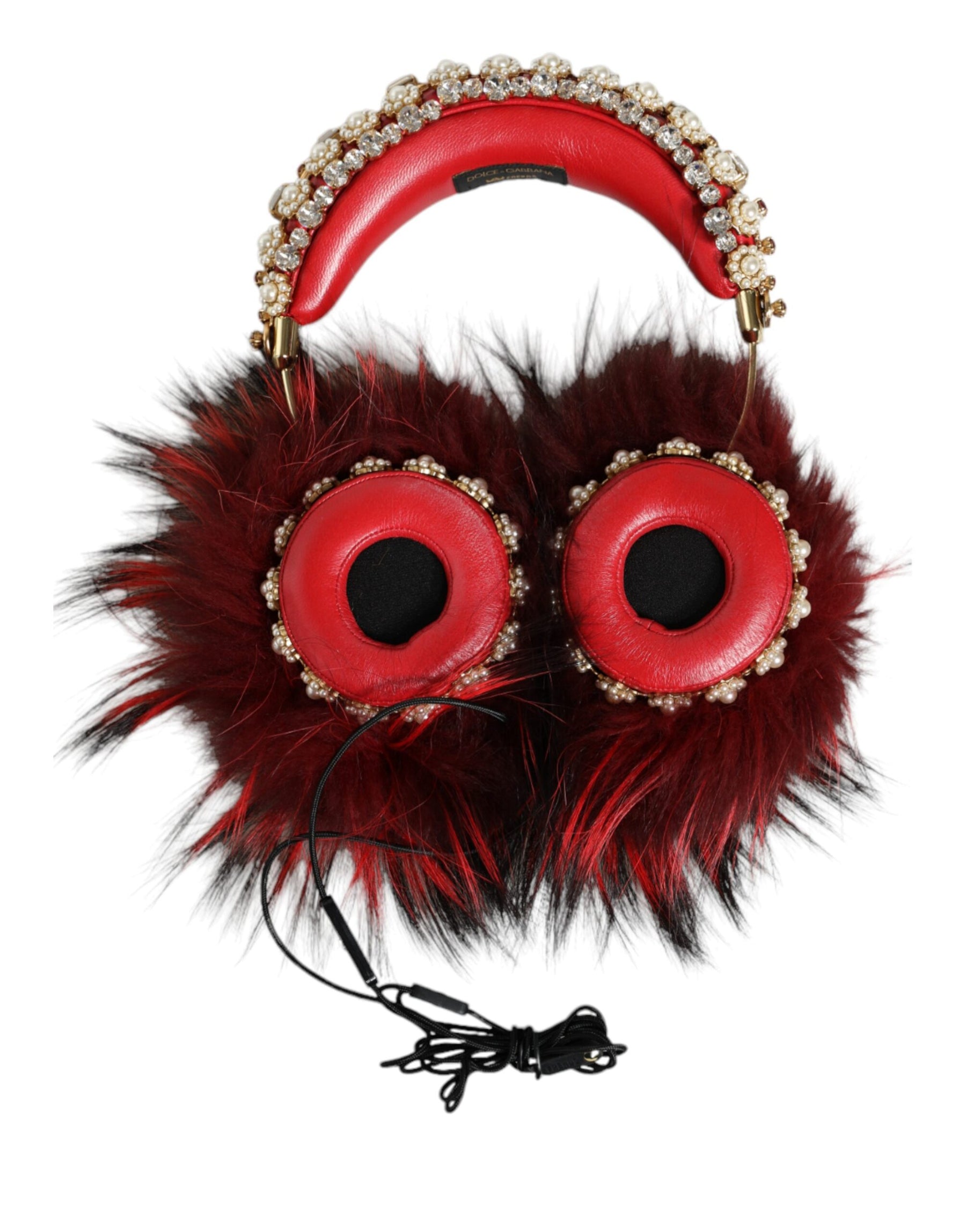 Dolce & Gabbana Red Gold Crystal Fur Headset Audio AUX Headphones | Regal Royce