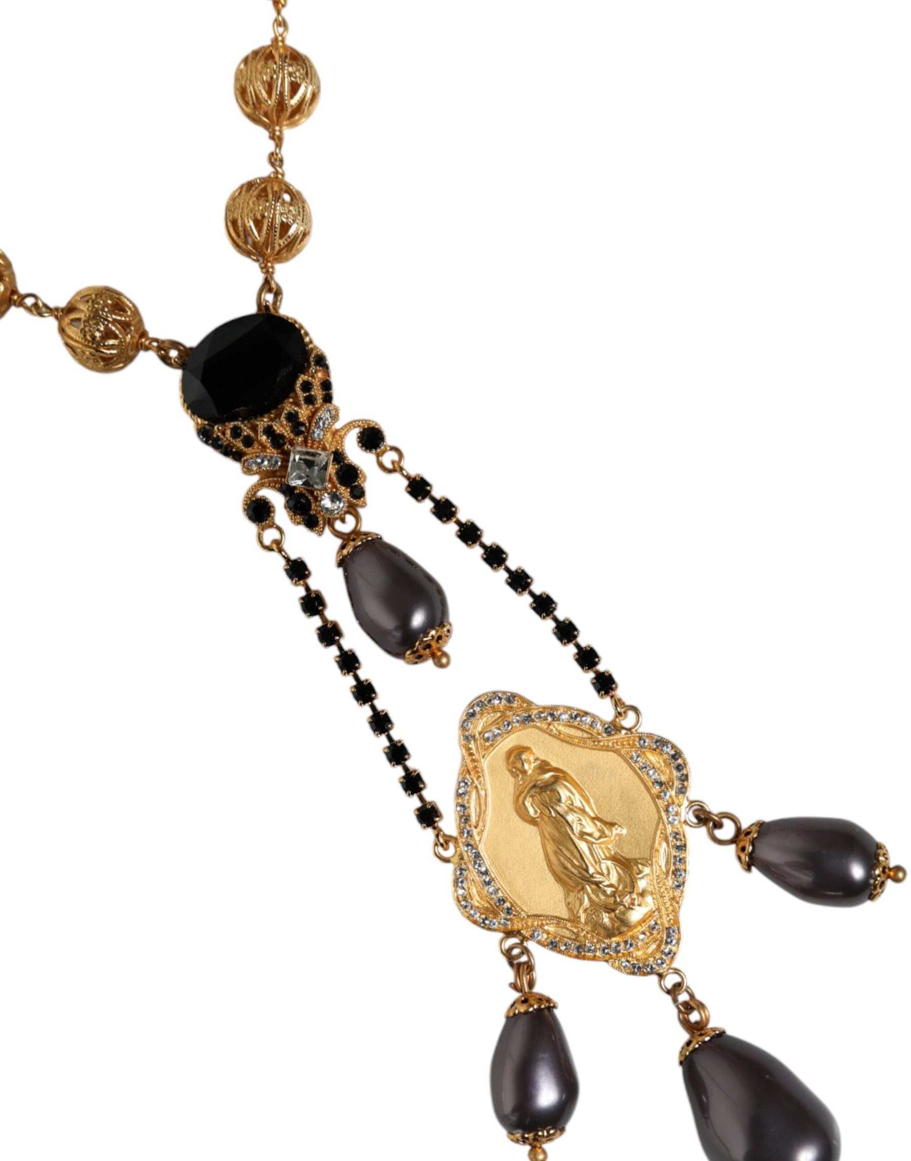 Dolce & Gabbana Gold Chain Brass Black Beaded Rosary Style Necklace | Regal Royce