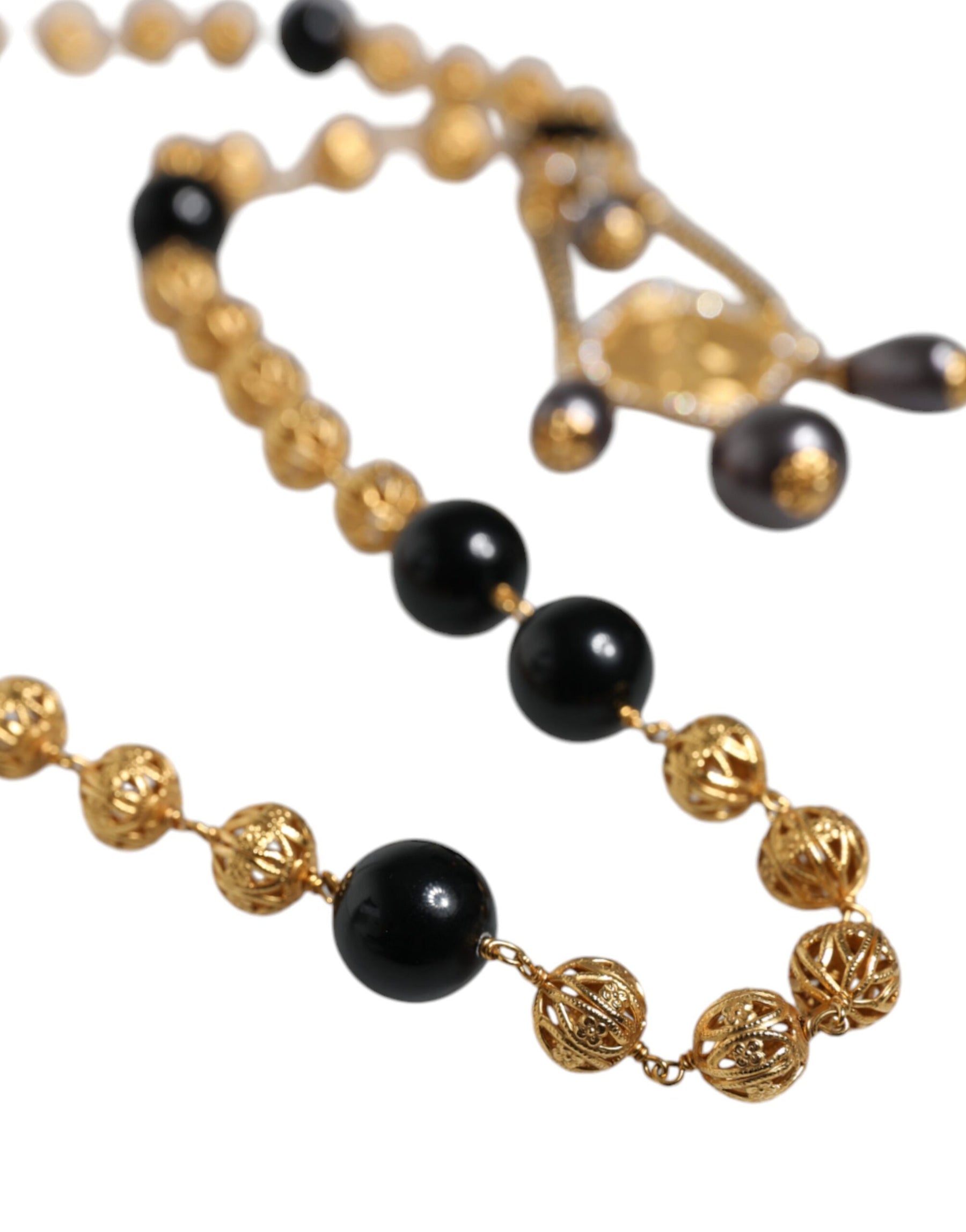 Dolce & Gabbana Gold Chain Brass Black Beaded Rosary Style Necklace | Regal Royce