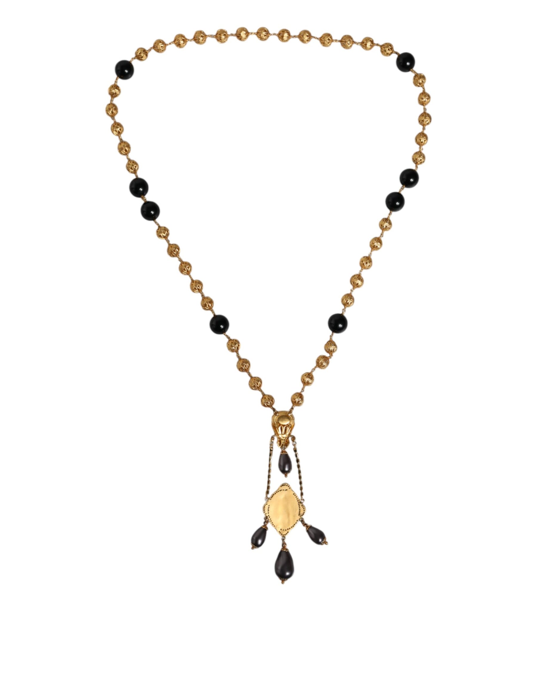 Dolce & Gabbana Gold Chain Brass Black Beaded Rosary Style Necklace | Regal Royce