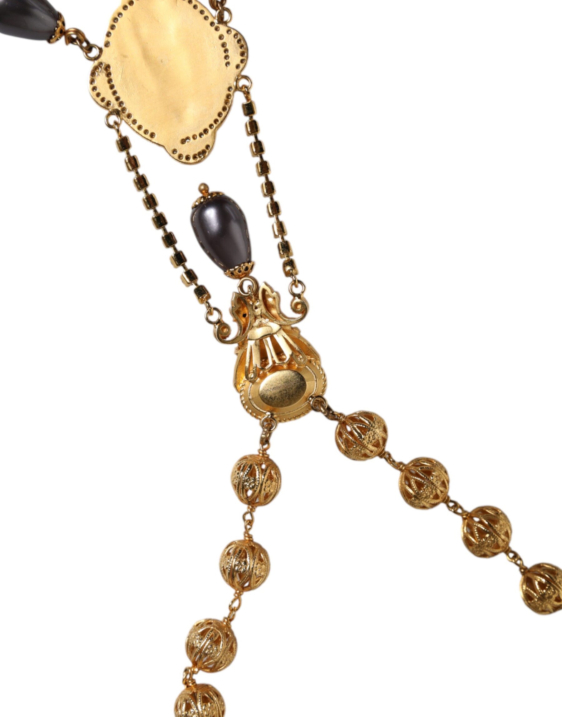 Dolce & Gabbana Gold Chain Brass Black Beaded Rosary Style Necklace | Regal Royce