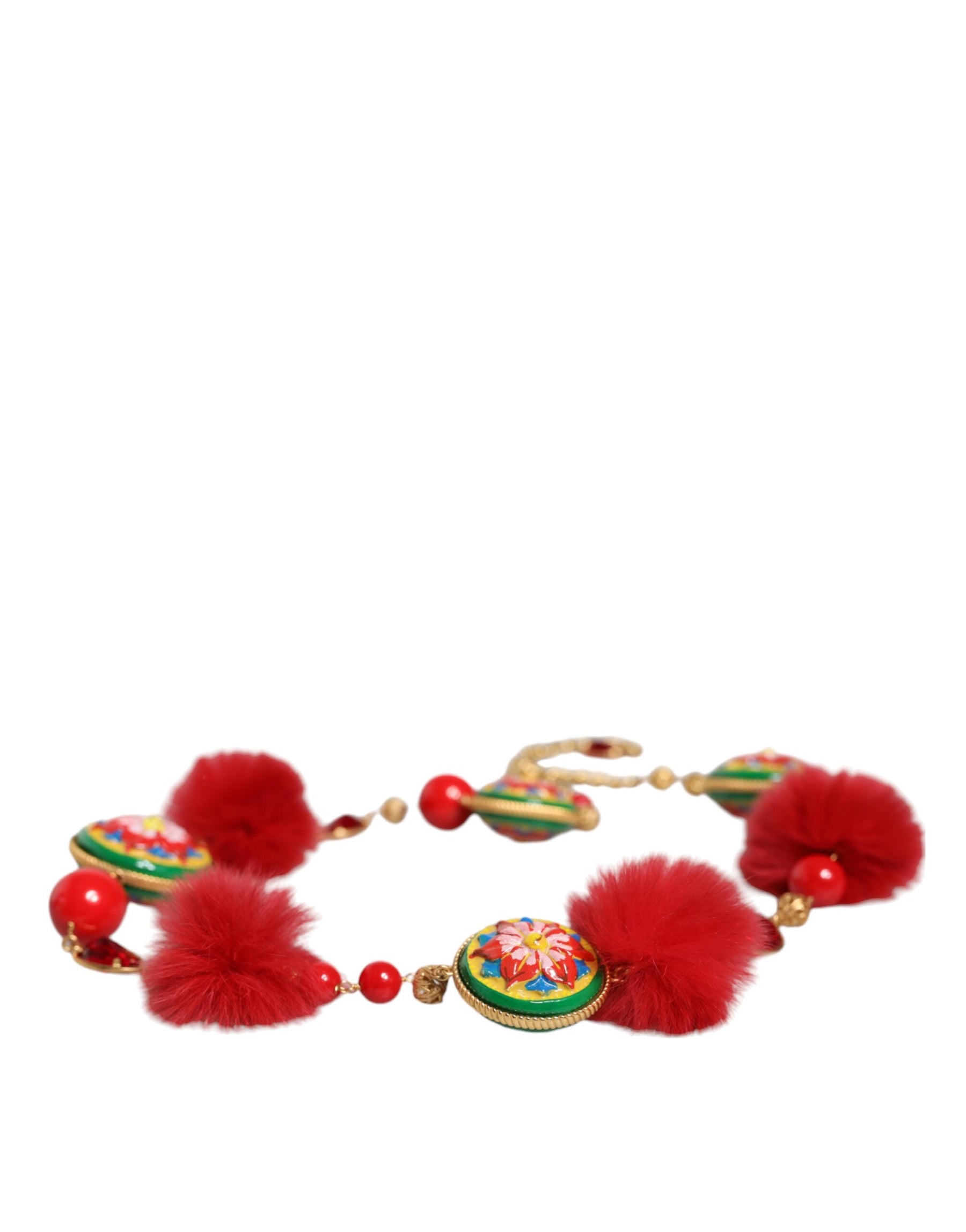 Dolce & Gabbana Gold Brass Red Fur Crystal Waist Torero Belt | Regal Royce